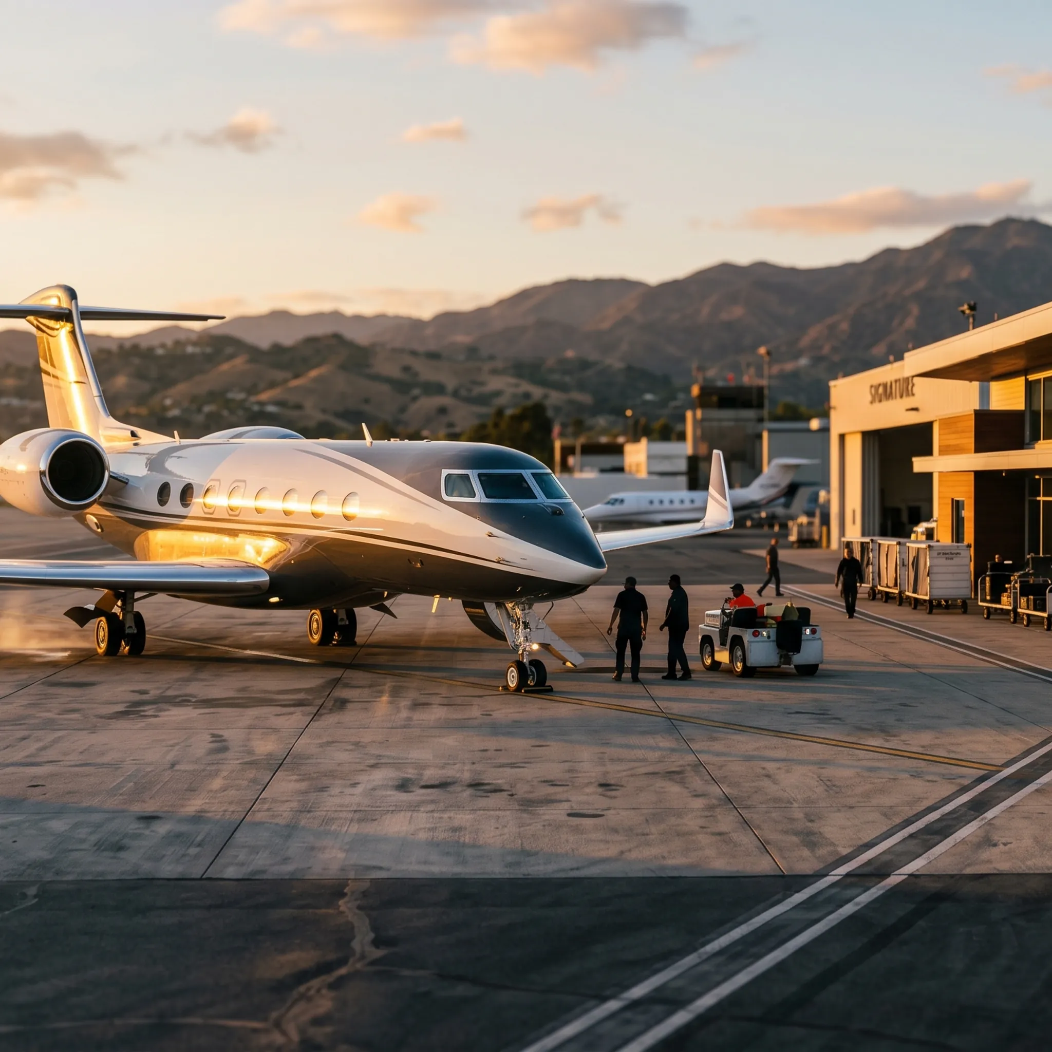 Van Nuys Airport private aviation ramp at golden hour with large-cabin jet near FBO terminal