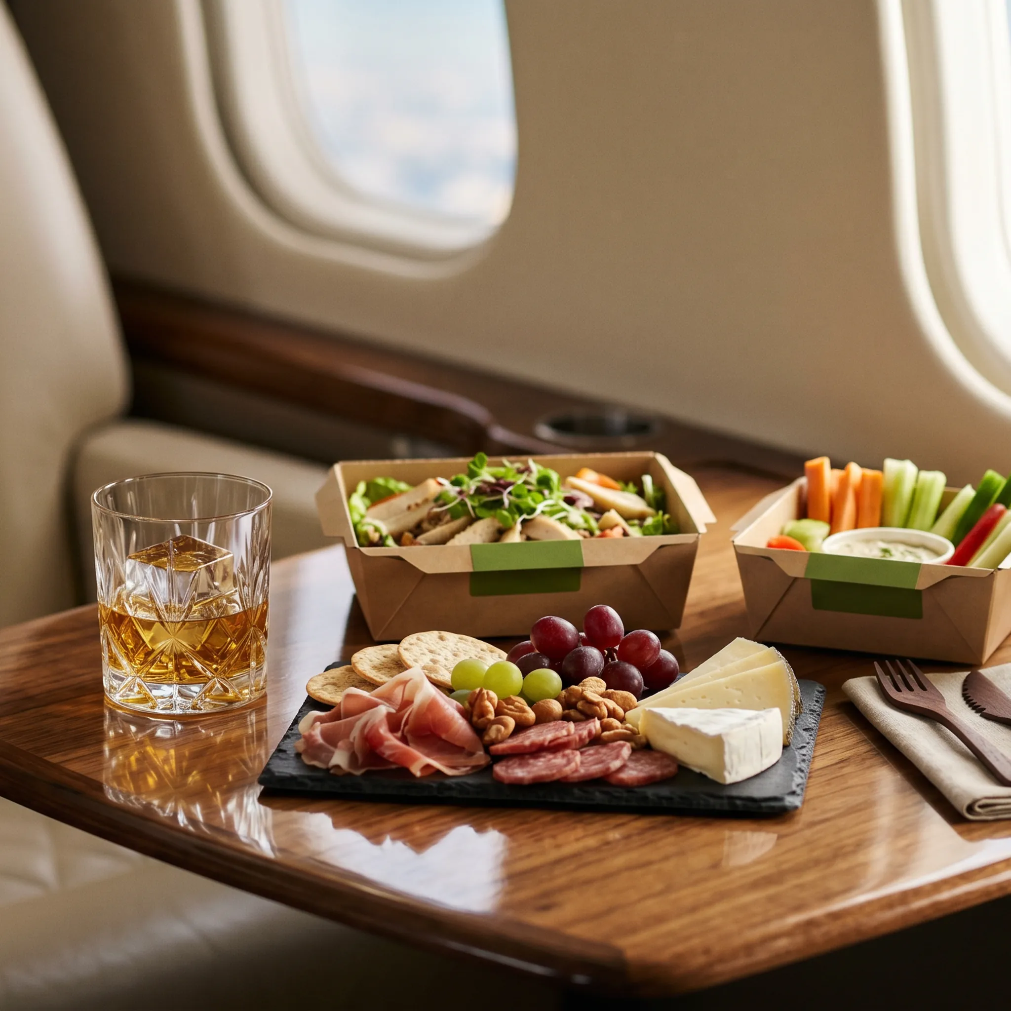 Premium private jet in-flight catering with artisan food and cocktail on polished wood tray table