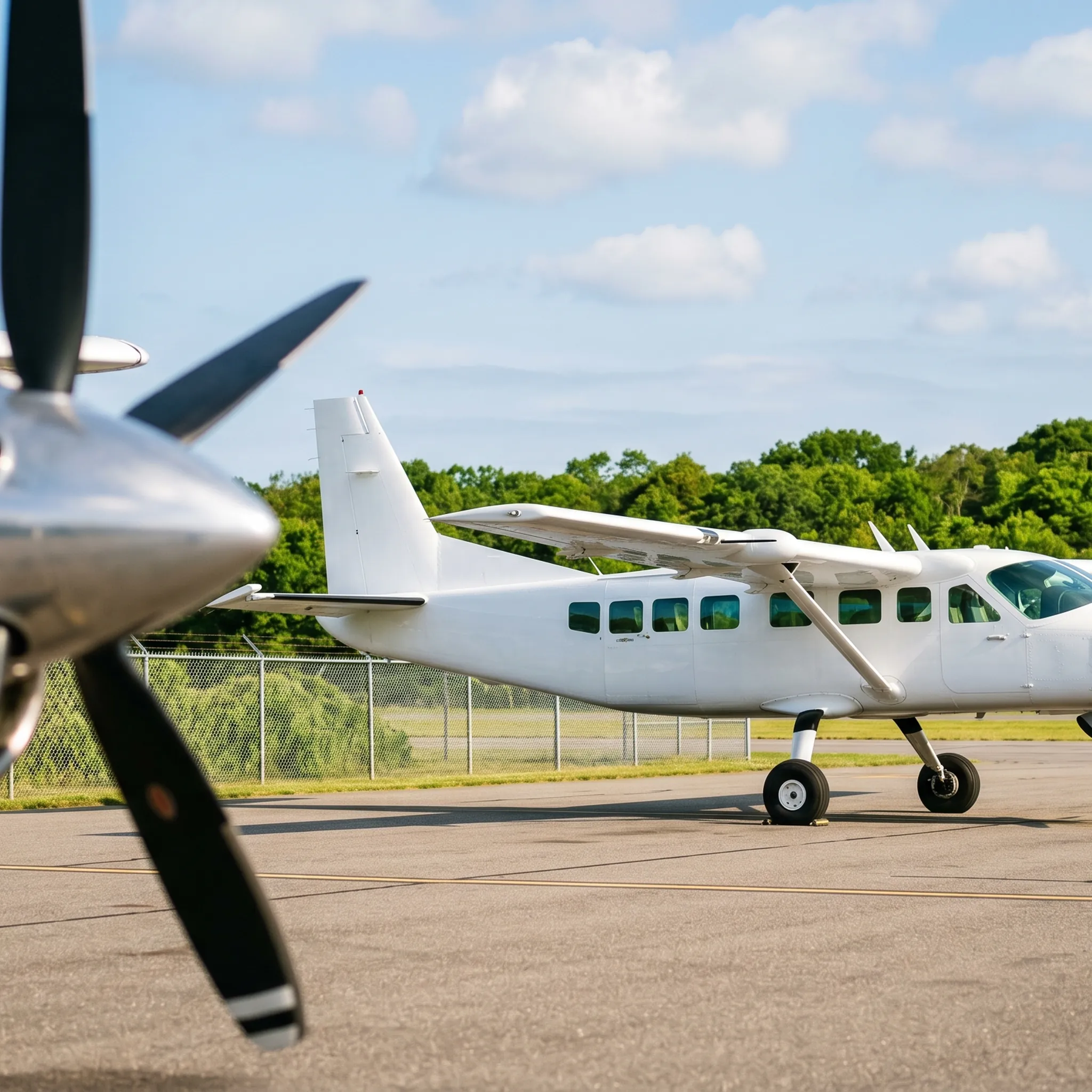 Turboprop aircraft on East Hampton Airport ramp on a clear summer morning with Long Island foliage in background