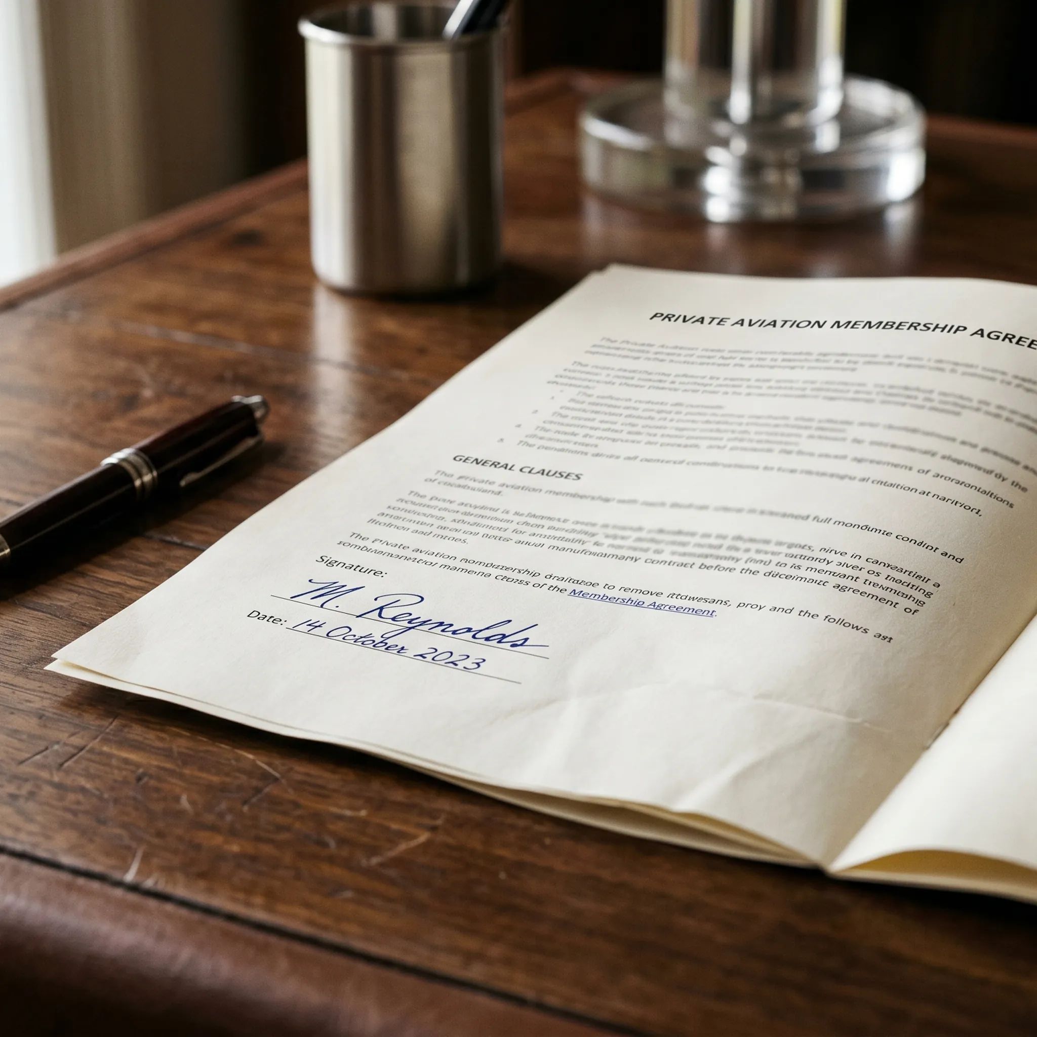 Private aviation membership contract documents on a desk with a fountain pen, representing high-value deposit agreements