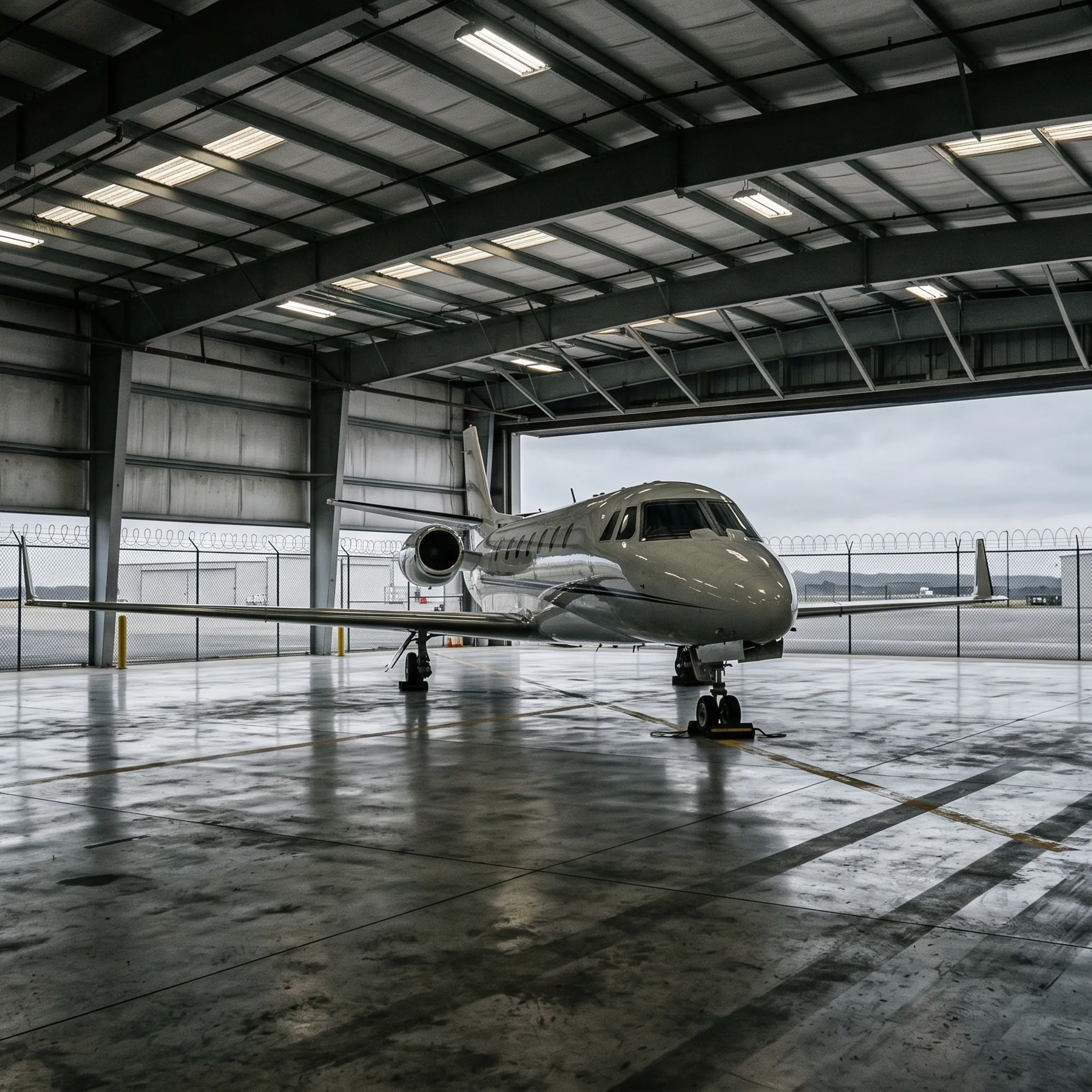 Empty private jet hangar with a grounded business aircraft under cold fluorescent lighting