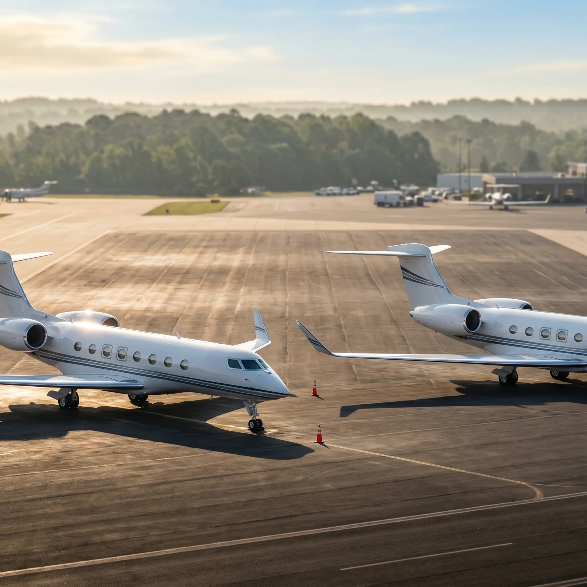 Two large-cabin private jets on a sunlit FBO ramp representing legitimate established private aviation operators