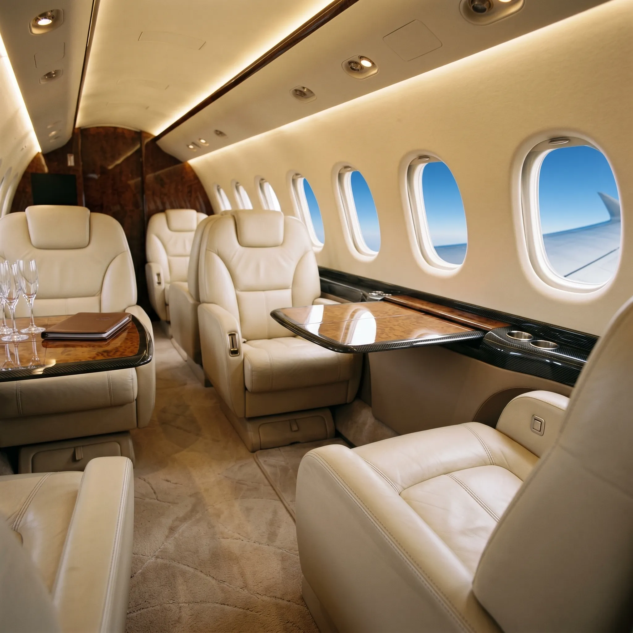 Elegant private jet cabin interior with cream leather seats and warm ambient lighting at cruise altitude