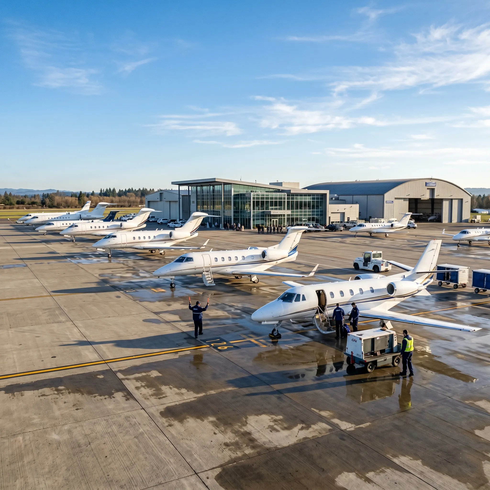 Private jets lined up at a busy FBO ramp during a major sporting event with ground crew and clear blue skies