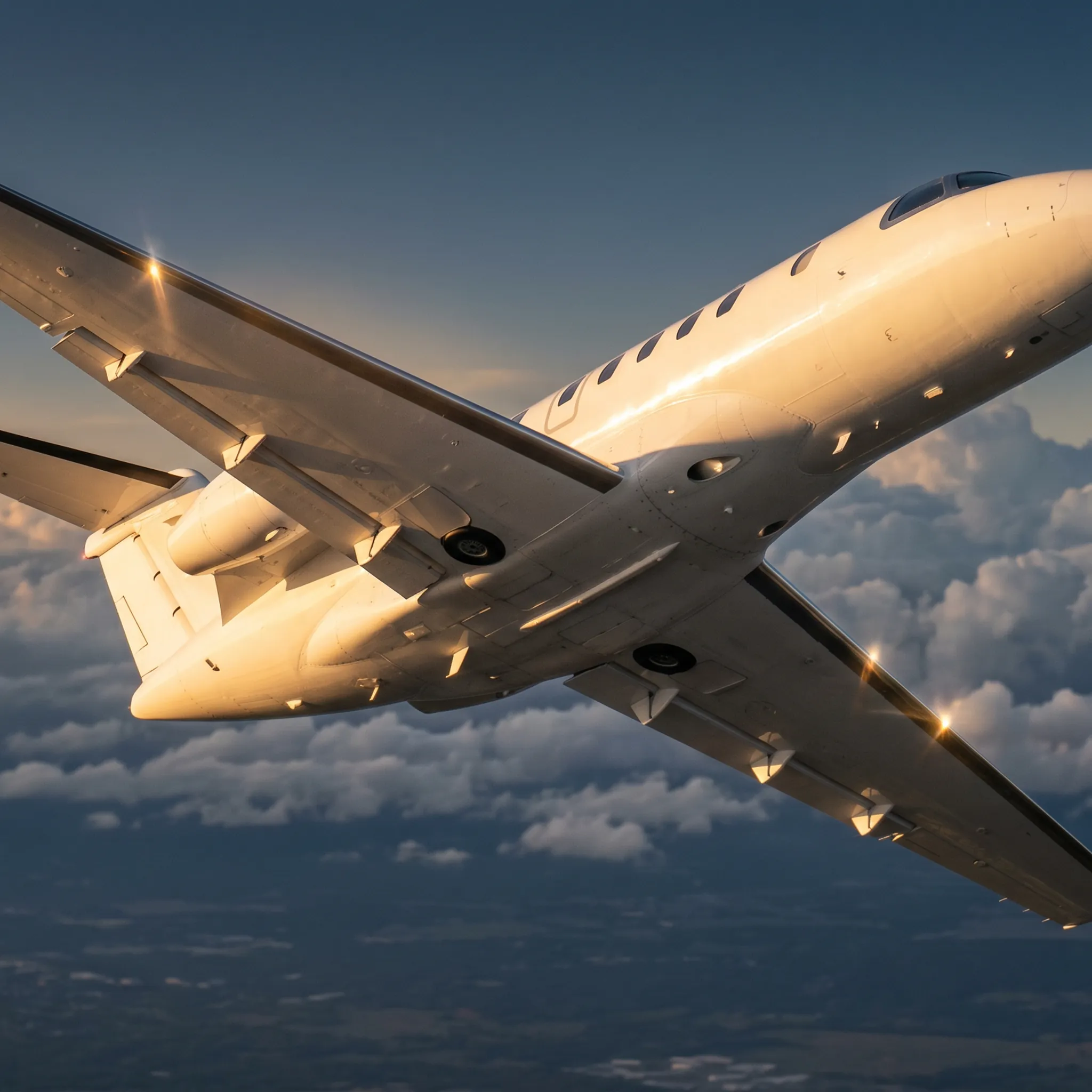 Citation CJ4 Gen3 light jet climbing through scattered clouds in afternoon sunlight