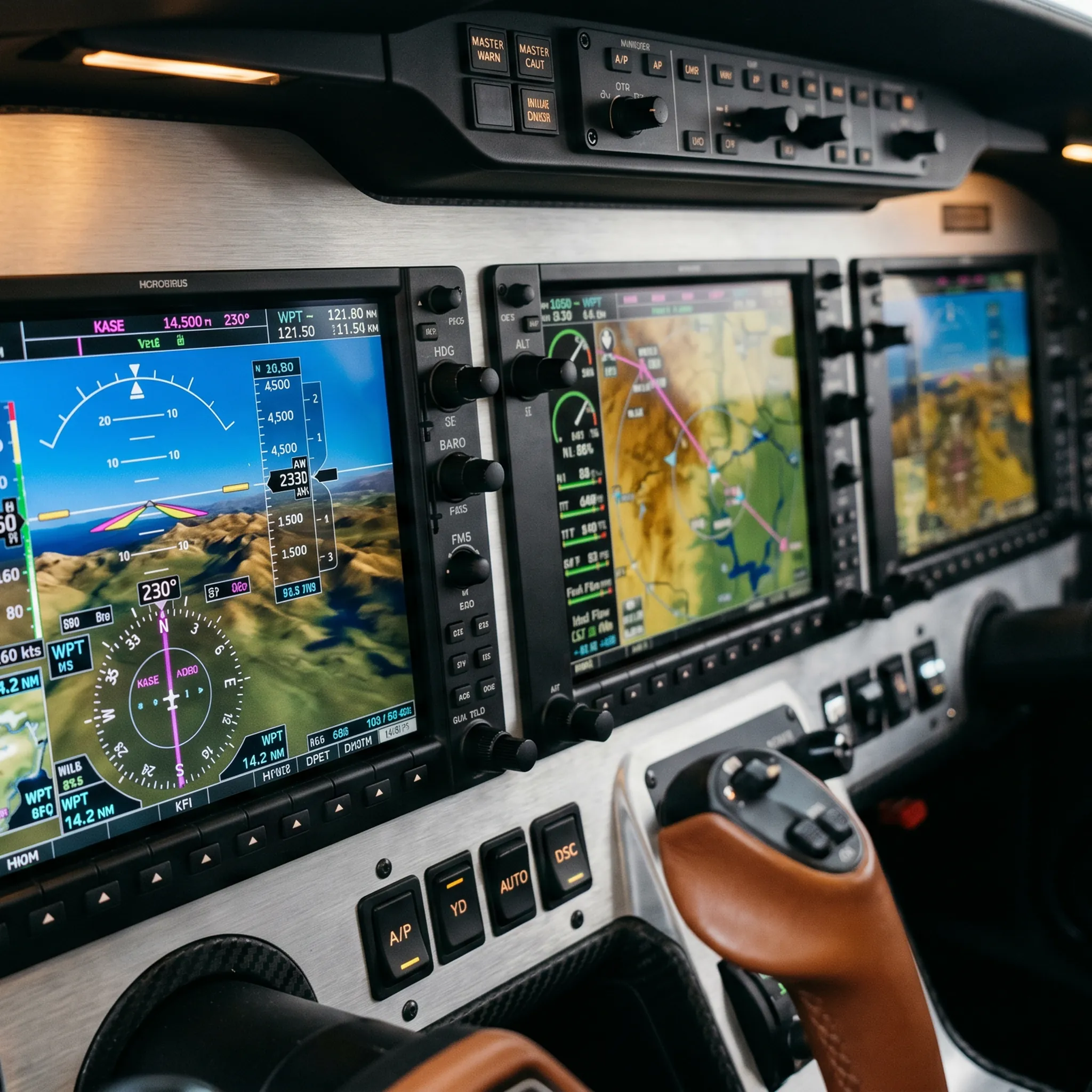 Modern glass cockpit avionics suite in a private jet with synthetic vision displays glowing