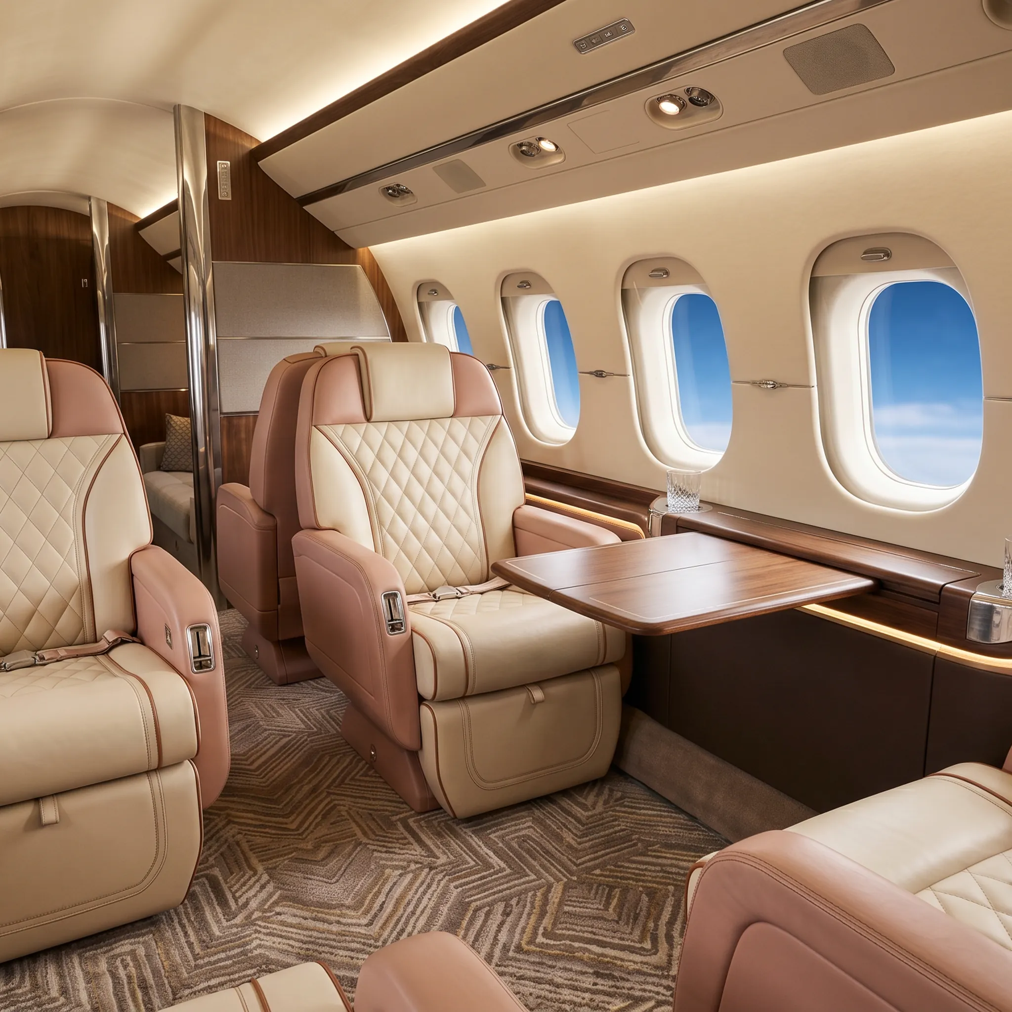 Bespoke large-cabin private jet interior with custom leather seating and luxury finishes