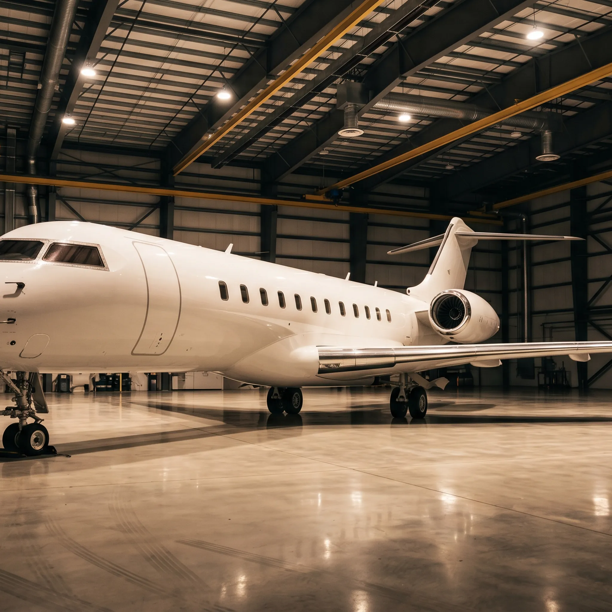 Ultra-long-range Gulfstream-class private jet in executive hangar with polished concrete floor