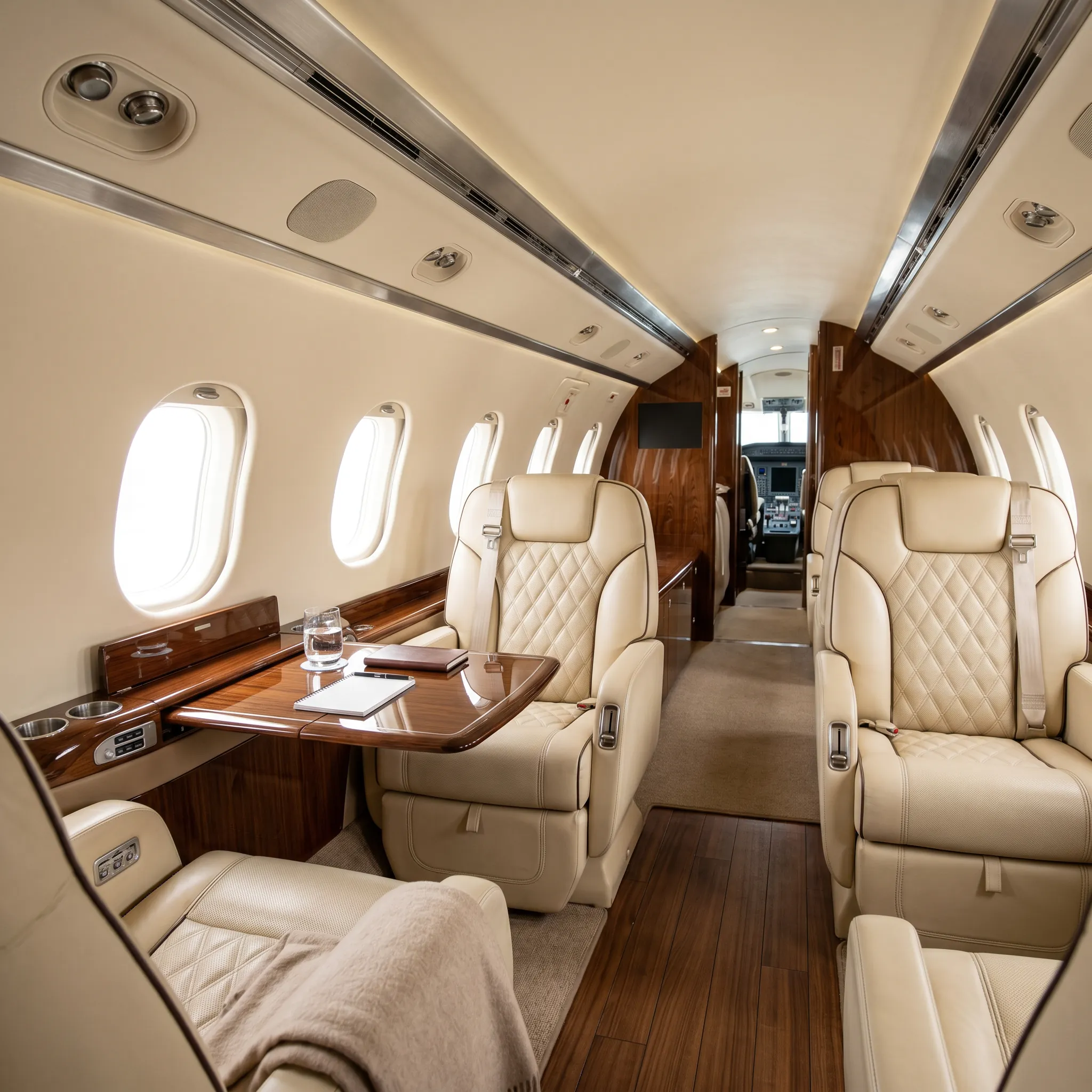 Luxurious private jet cabin interior with leather seating and wood veneer tables