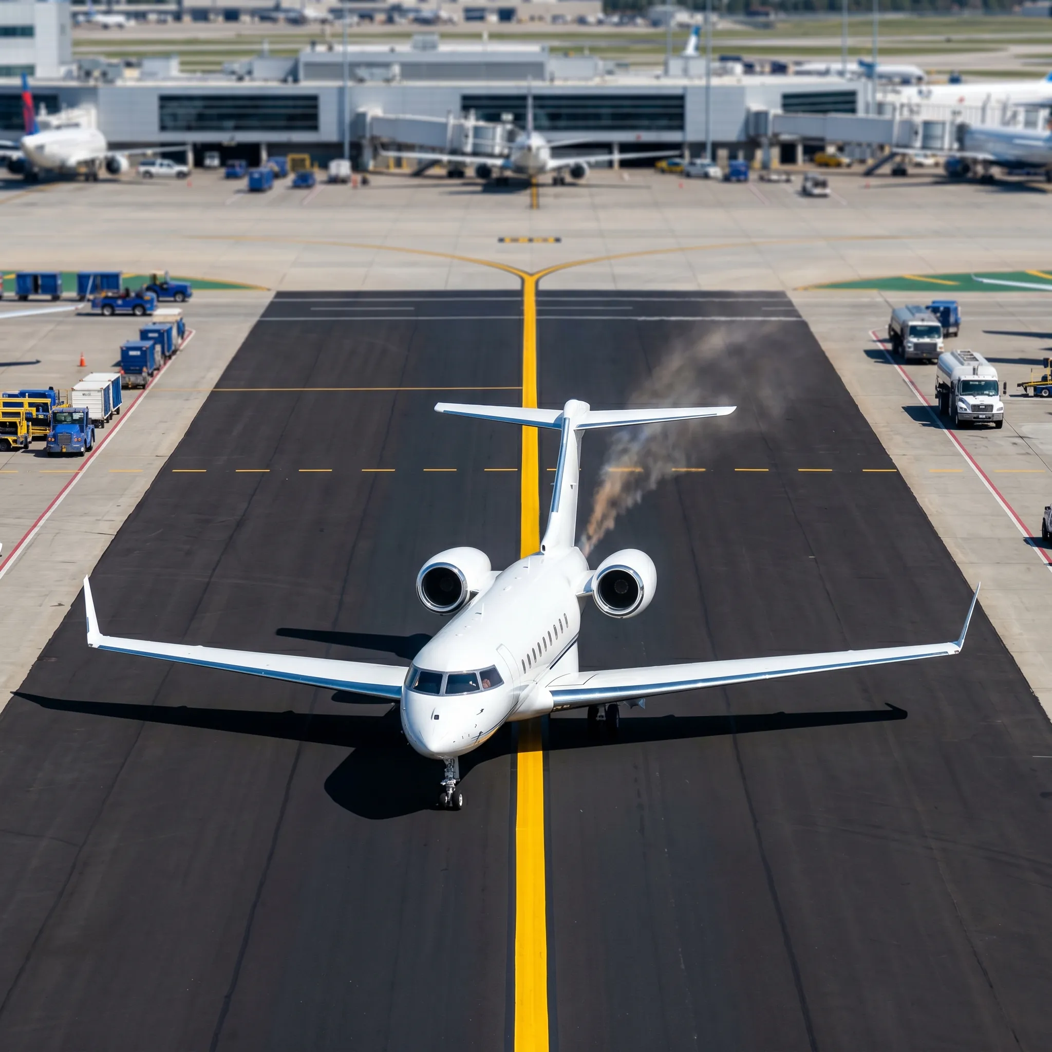 Business jet taxiing on airport tarmac showing ground time that counts in chock-to-chock billing