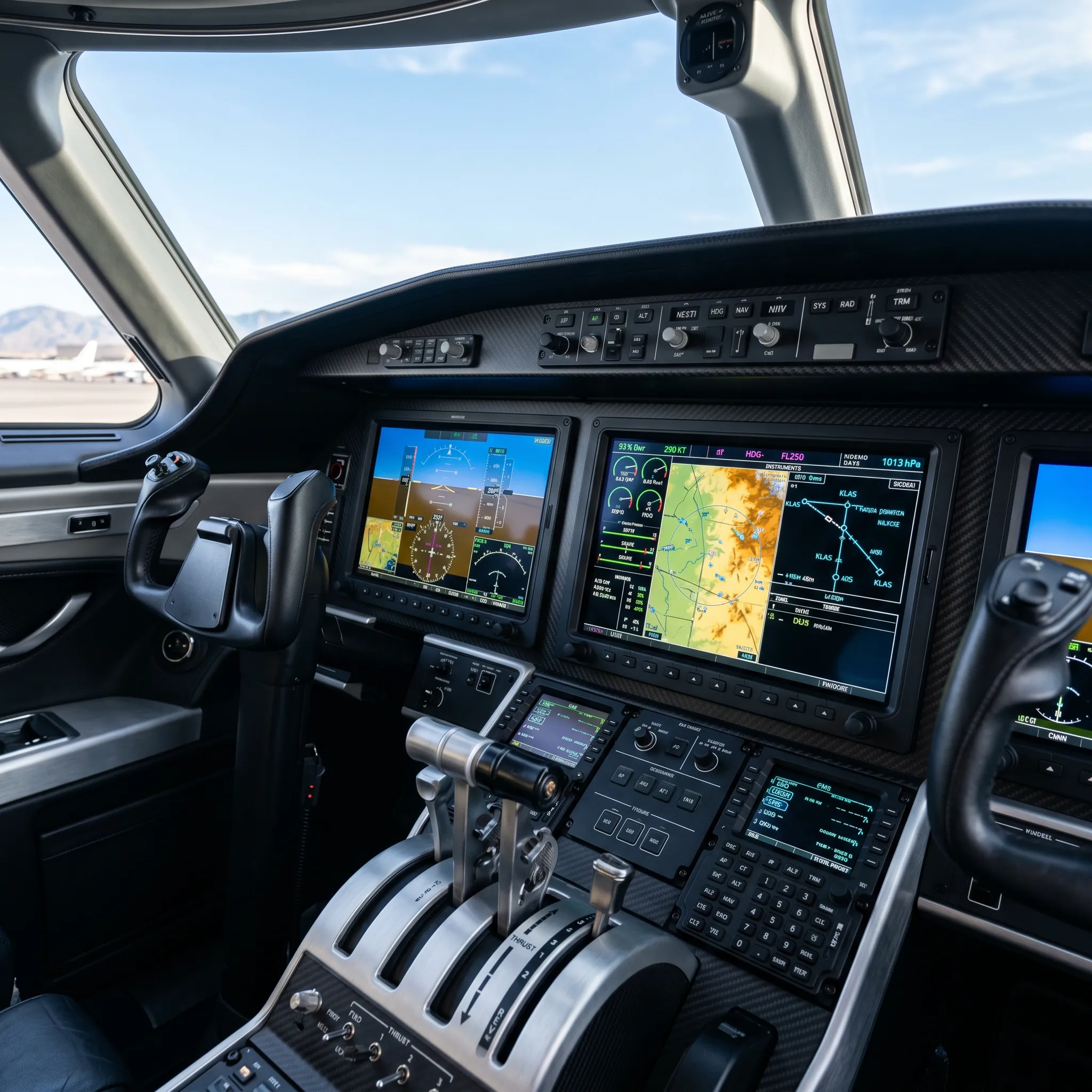 Modern private jet glass cockpit with flight displays and carbon fiber instrument panel