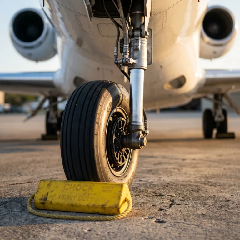 Private jet wheel chocks on FBO ramp representing chock-to-chock billing in private aviation