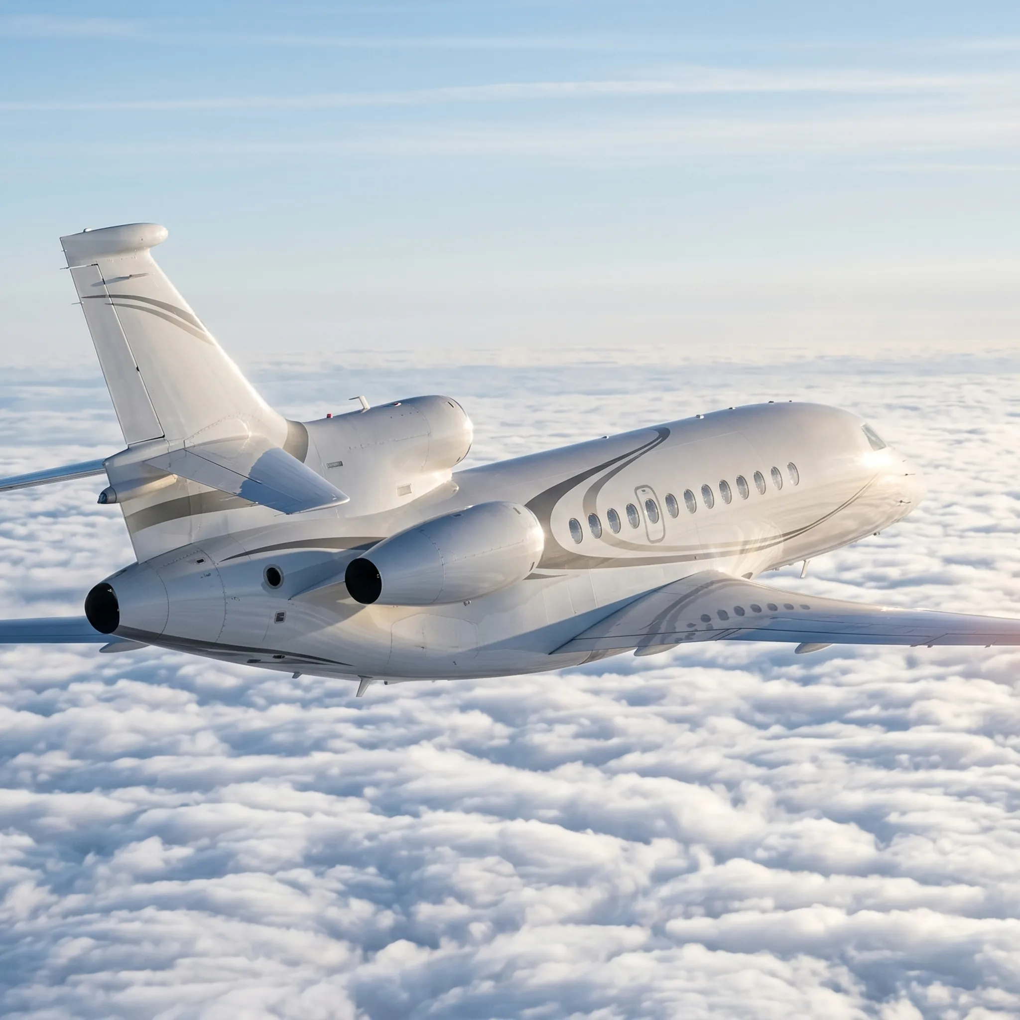 Dassault Falcon 7X private jet flying above clouds showing trijet engine configuration and swept winglets