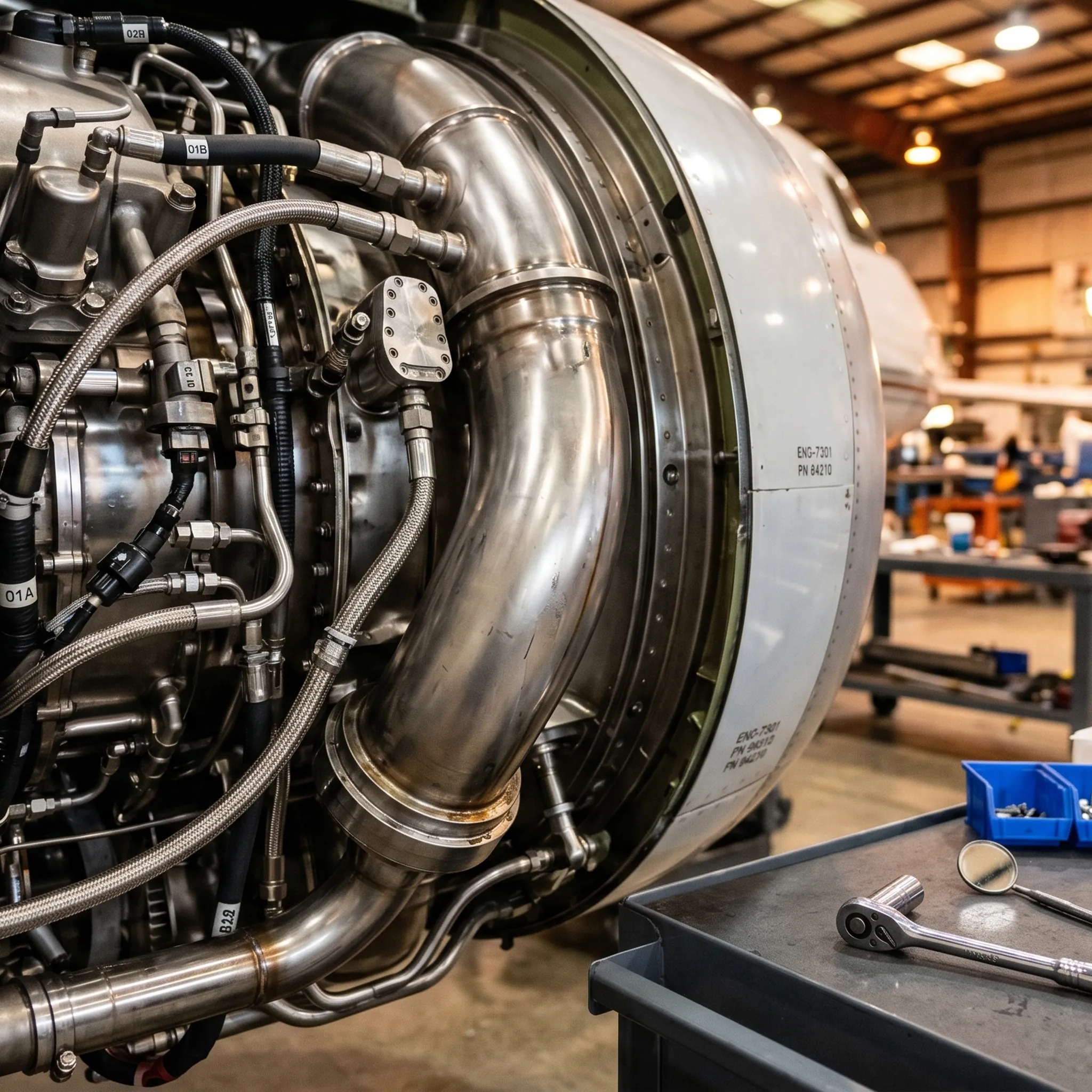 Close-up of private jet engine nacelle during heavy maintenance C-check inspection at MRO facility