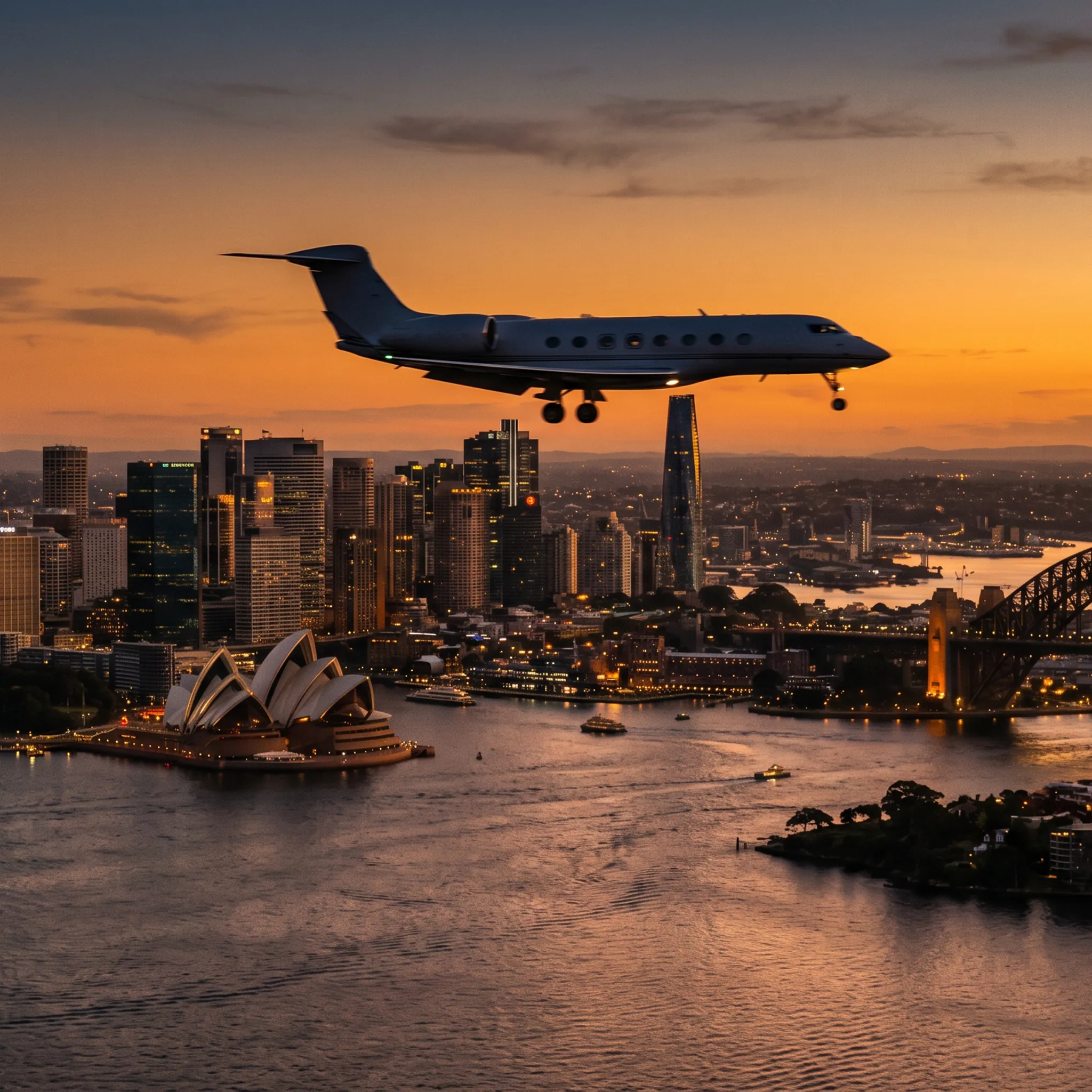 Business jet on approach to Sydney with harbour and city skyline at dusk representing Australasia private aviation