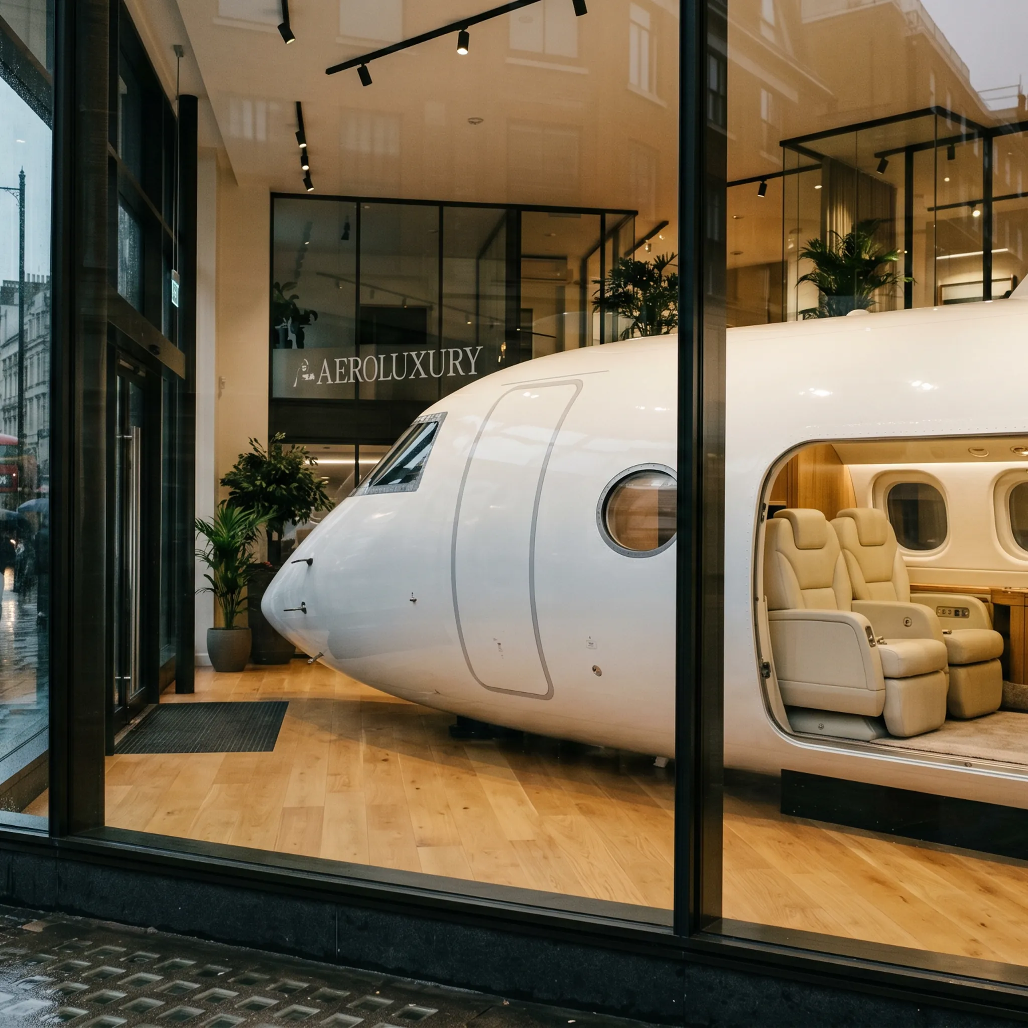 Luxury private aviation showroom street-level view with large-cabin business jet interior visible through floor-to-ceiling glass