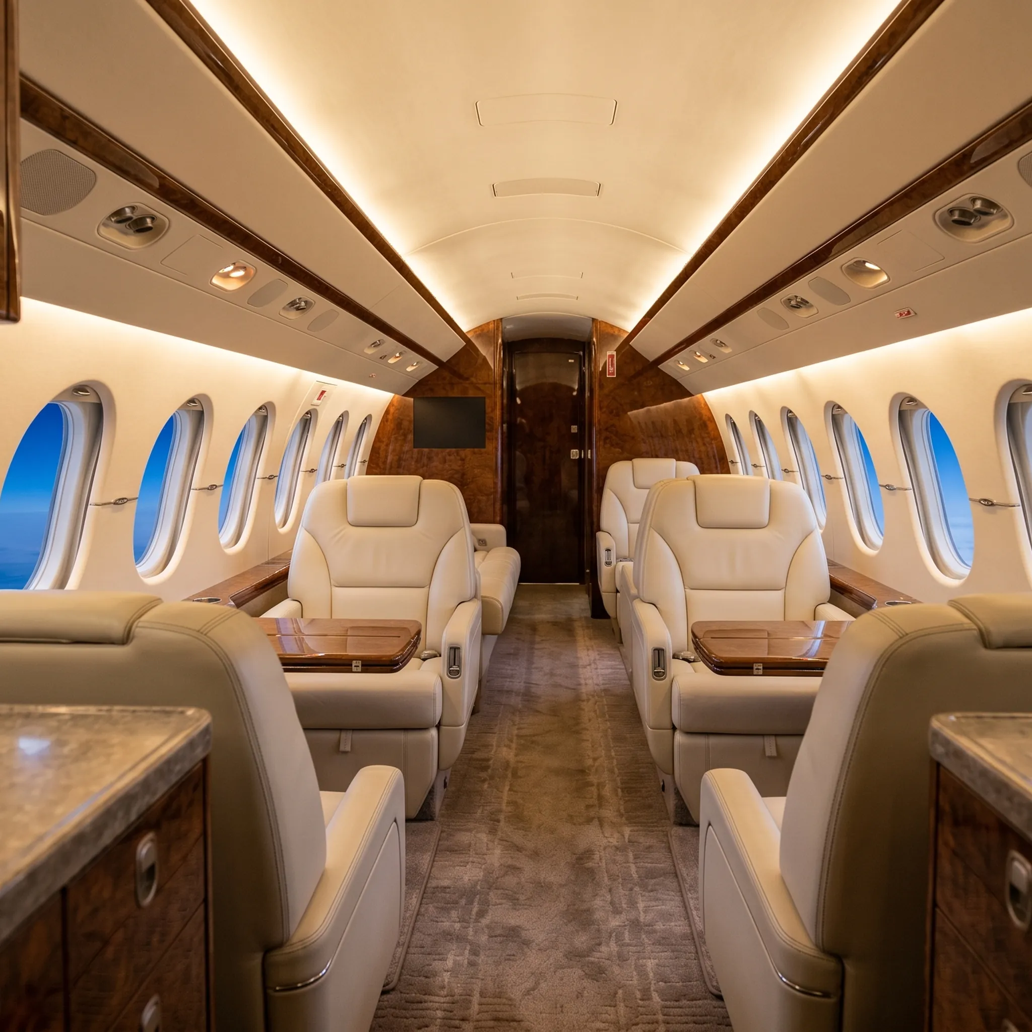 Ultra-long-range private jet cabin interior with ivory leather seats, walnut veneer accents, and cloud views through oval windows