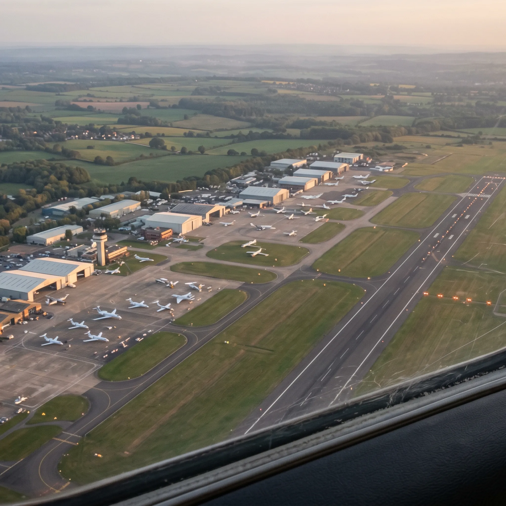 Aerial view of Farnborough Airport at dusk seen from a descending private jet cabin window, with FBO facilities and runway lights visible