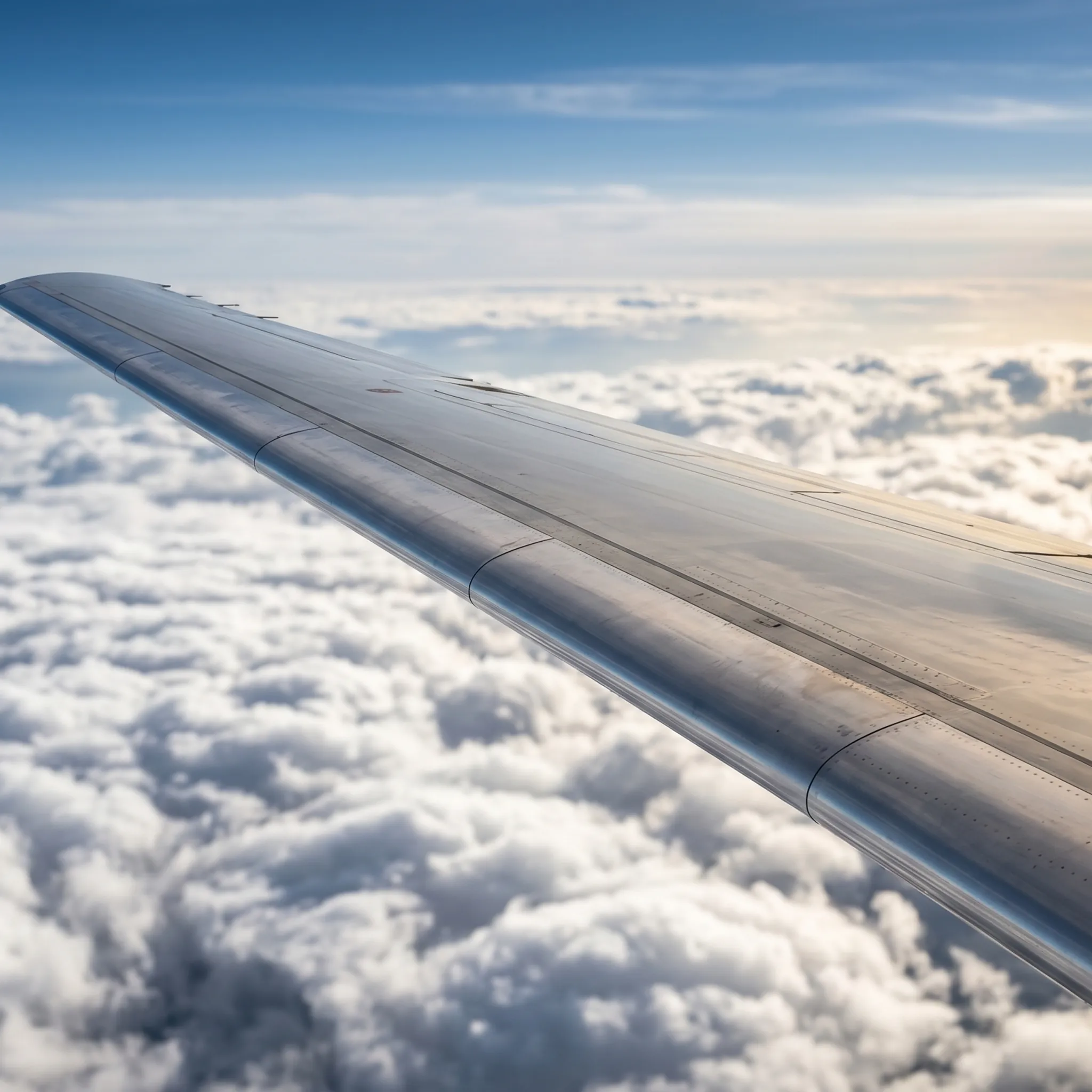 Close-up of a next-generation business jet laminar flow wing leading edge in cruise flight above clouds, telephoto shot with compressed perspective