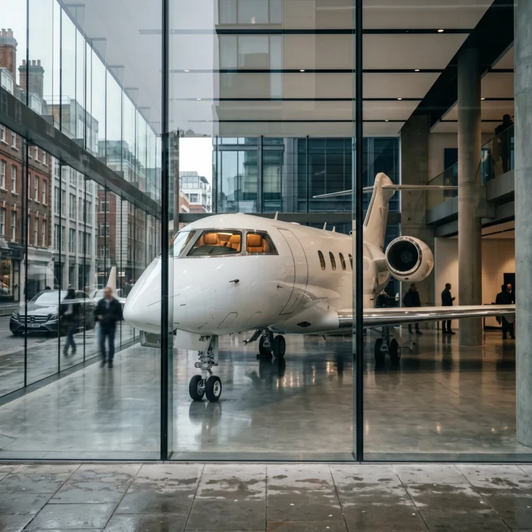 Ultra-long-range private jet displayed in a glass-fronted luxury aviation showroom with polished concrete floor