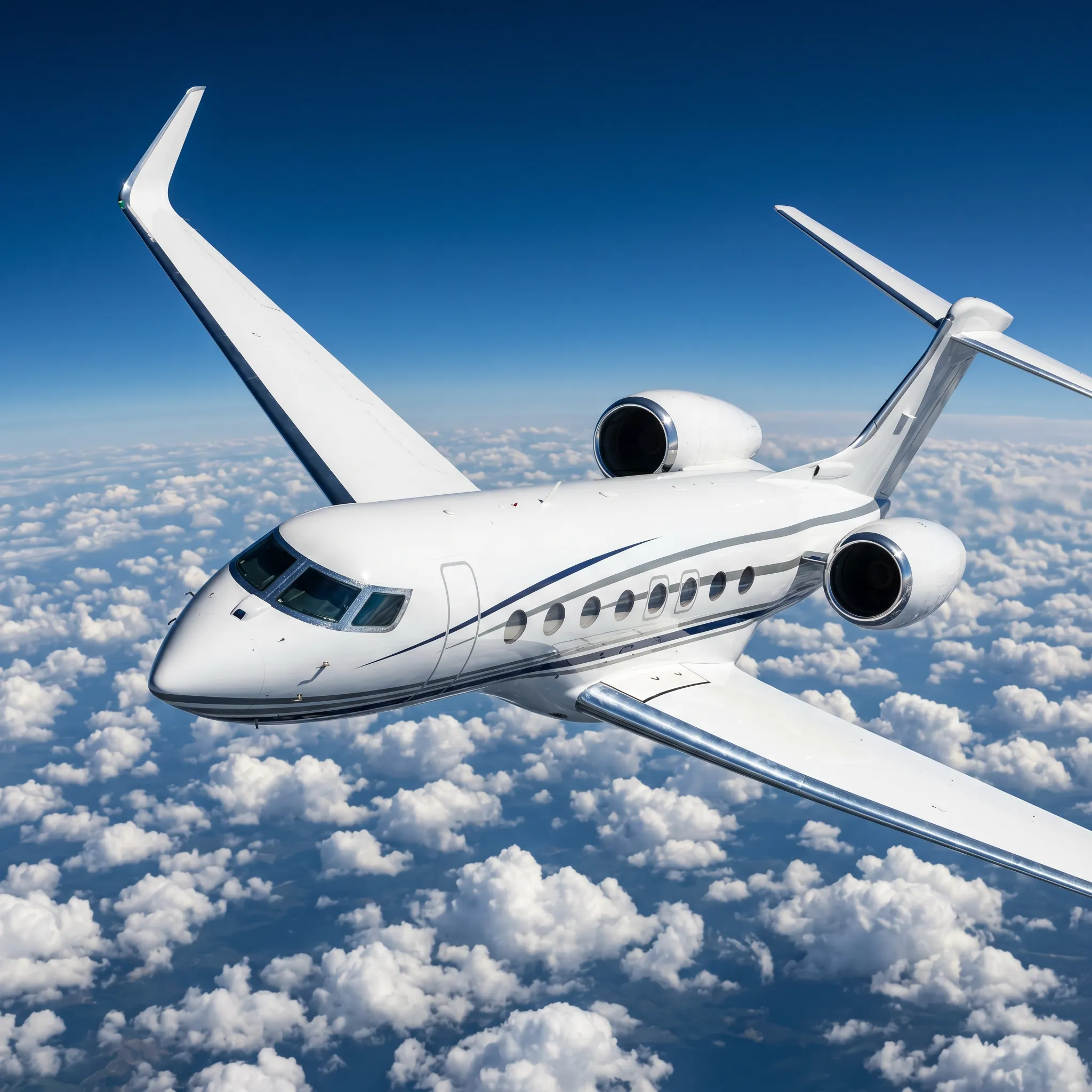Gulfstream G700 ultra-long-range private jet seen from above in flight, three-quarter nose view against scattered clouds