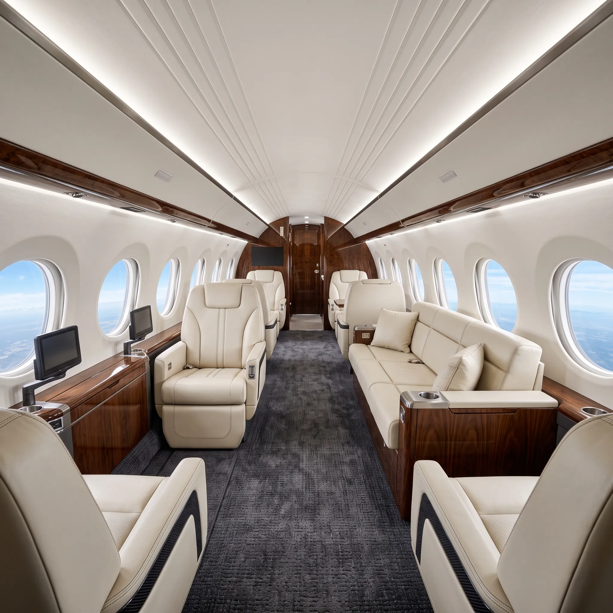 Gulfstream G700 private jet cabin interior showing leather club seating, panoramic windows, and full cabin length