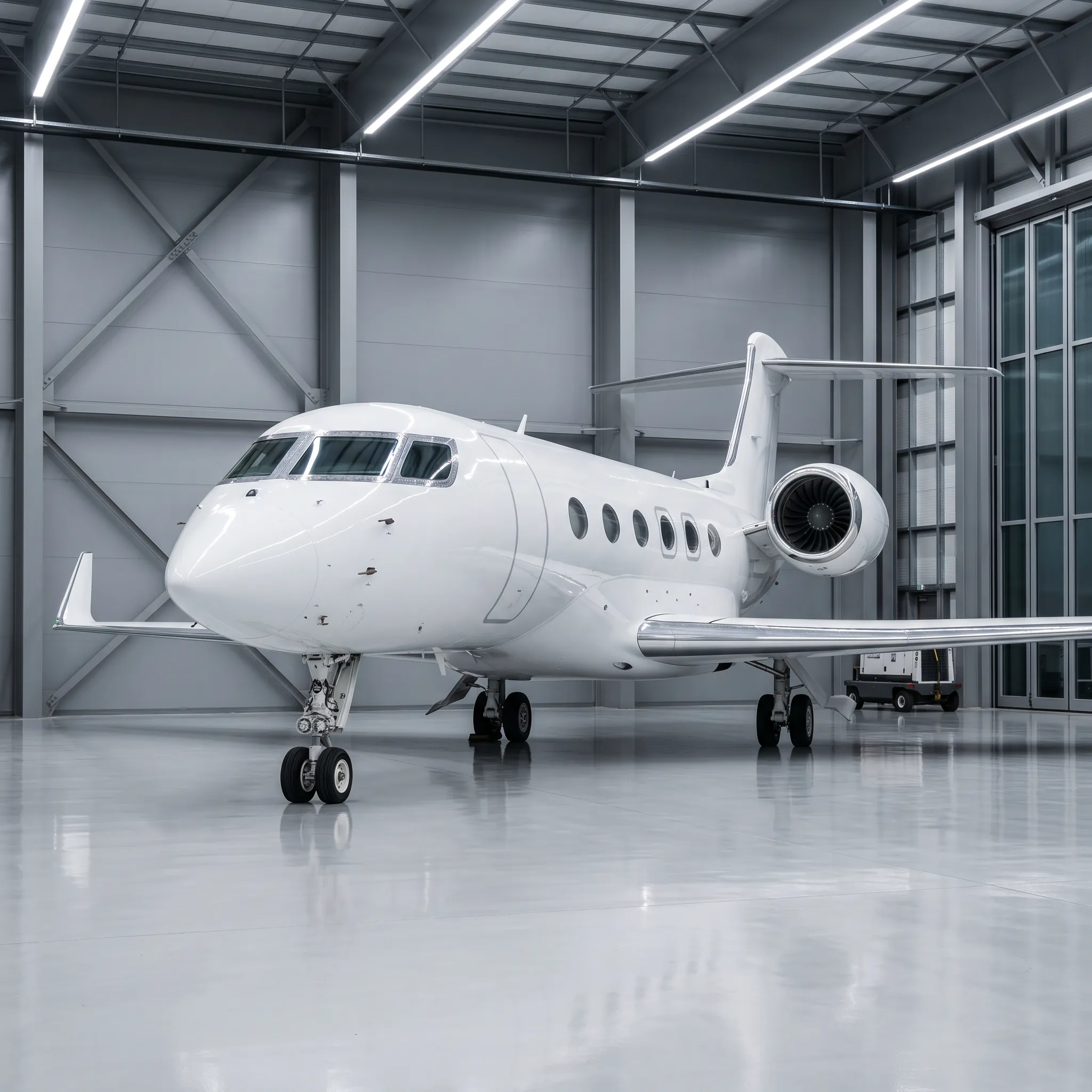 Gulfstream G500 private jet parked in a modern executive aviation hangar with polished concrete floors