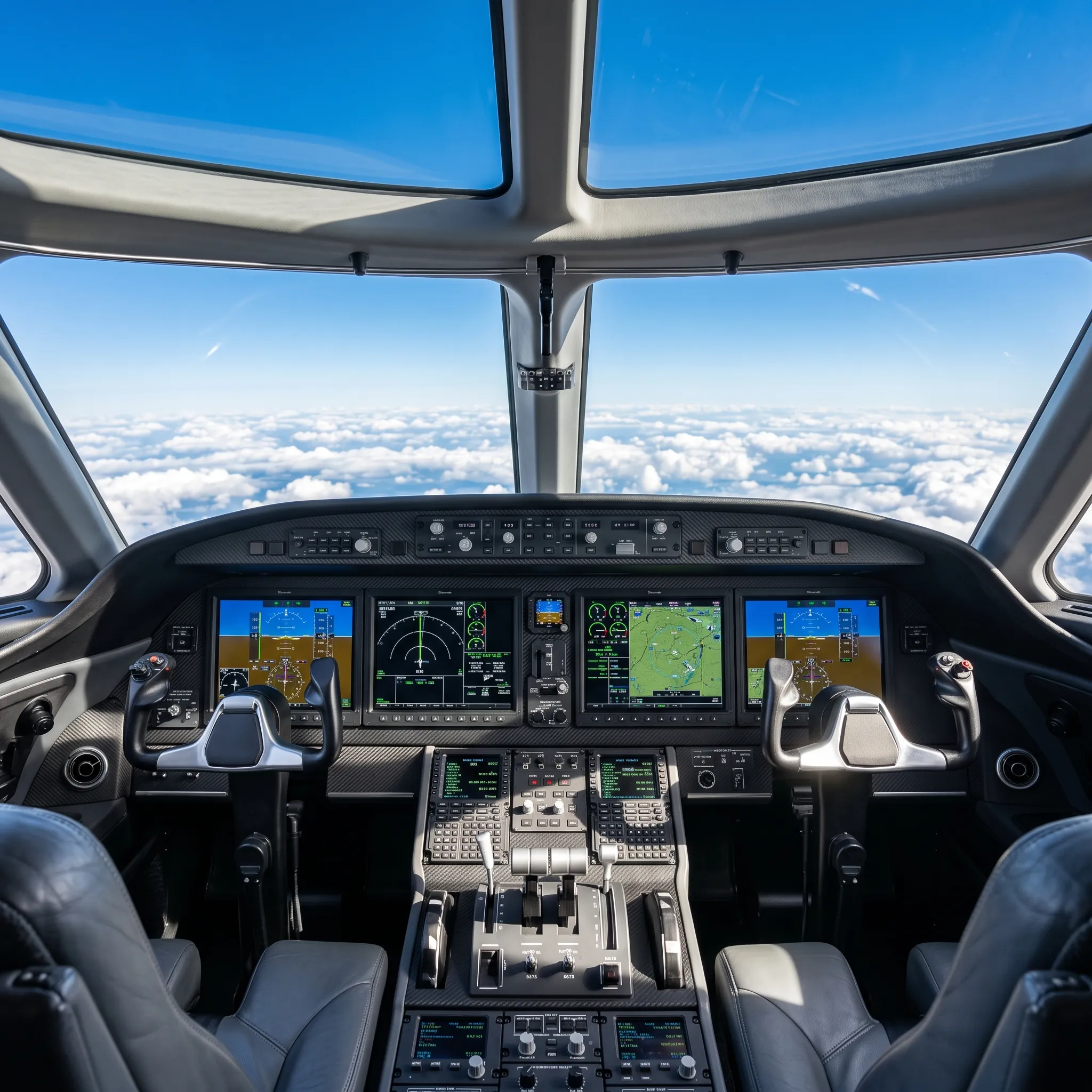 Gulfstream G700 cockpit showing Symmetry flight deck avionics and clear sky view through windshield
