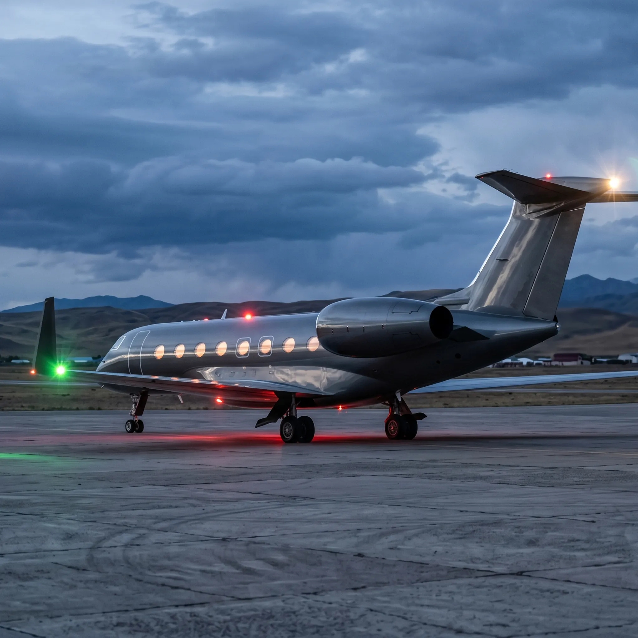 Ultra-long-range private jet parked alone on remote international airport apron at dusk