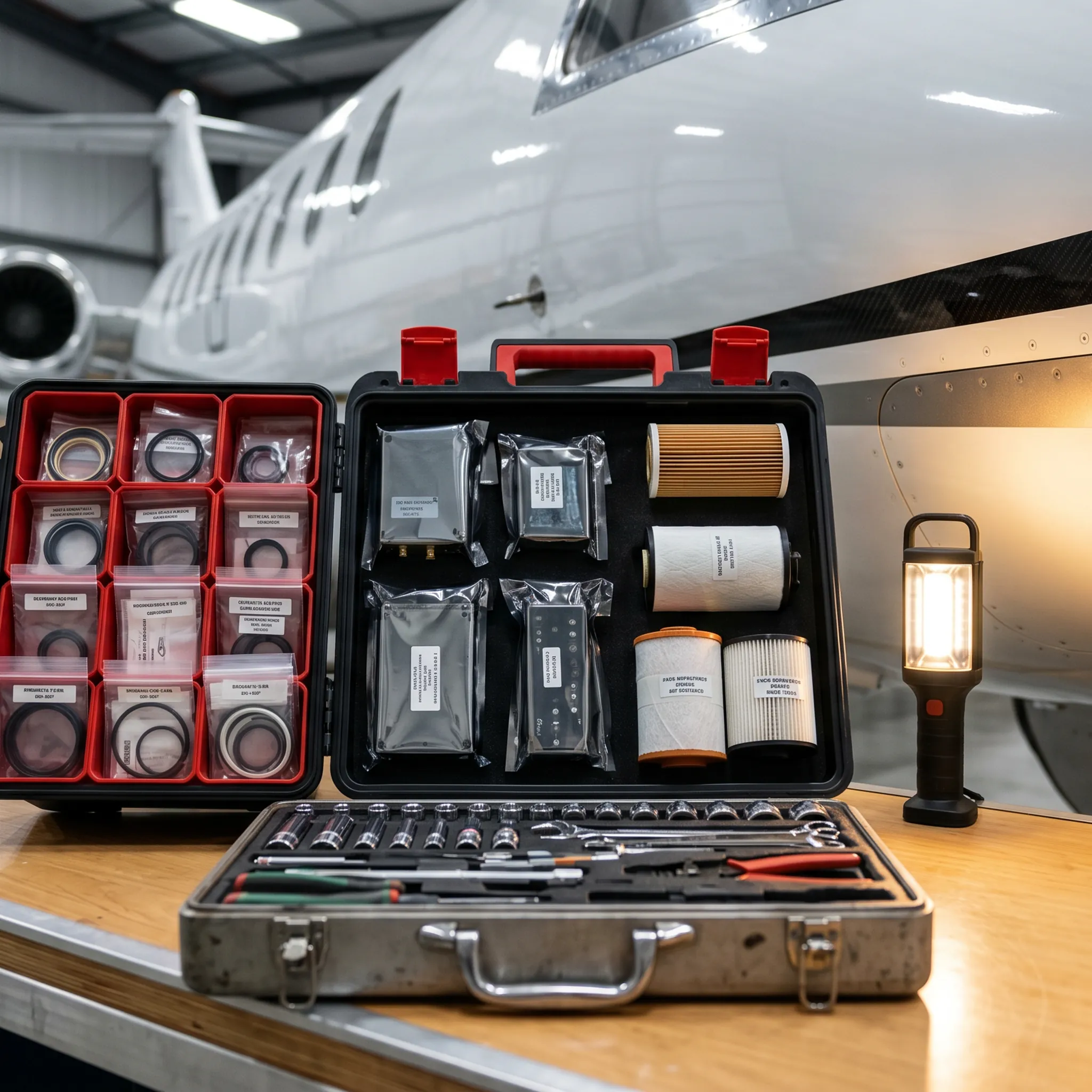 Private jet maintenance spares kit and precision tools laid out in aircraft hangar before international mission