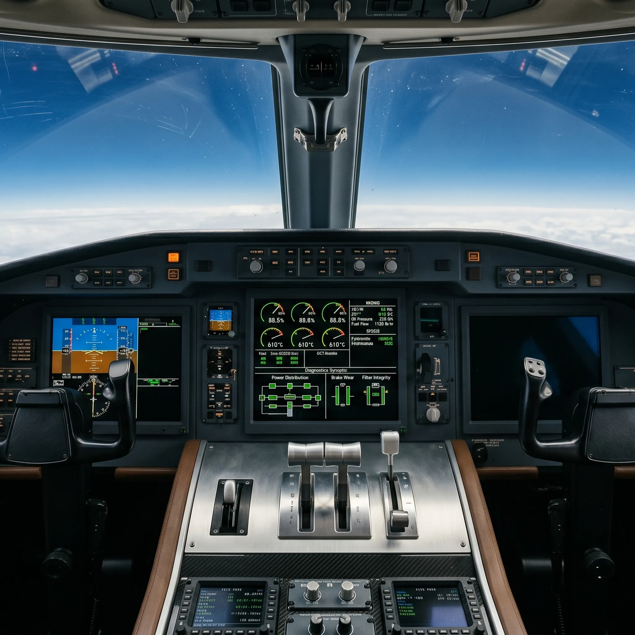 Private jet cockpit glass avionics suite showing engine monitoring and maintenance diagnostic systems at cruise altitude