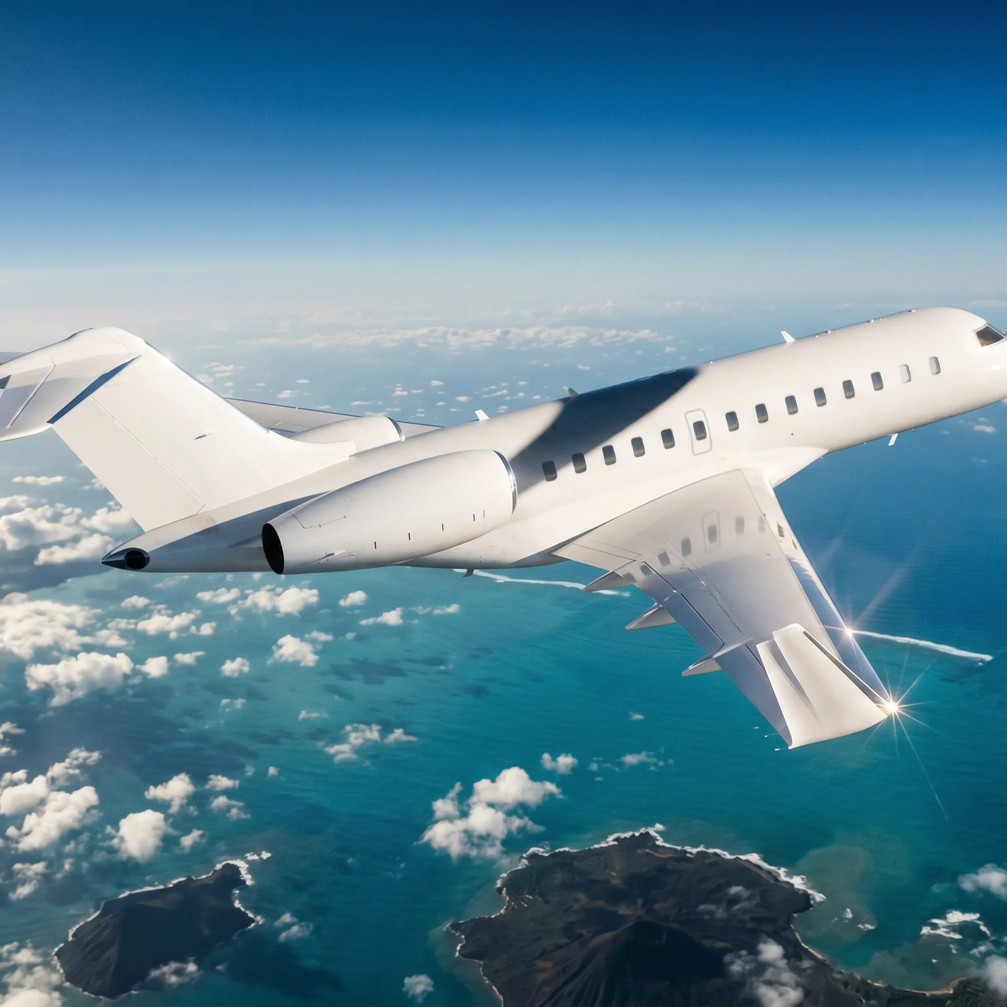 Ultra-long-range private jet flying over remote Pacific coastline at high altitude in morning light