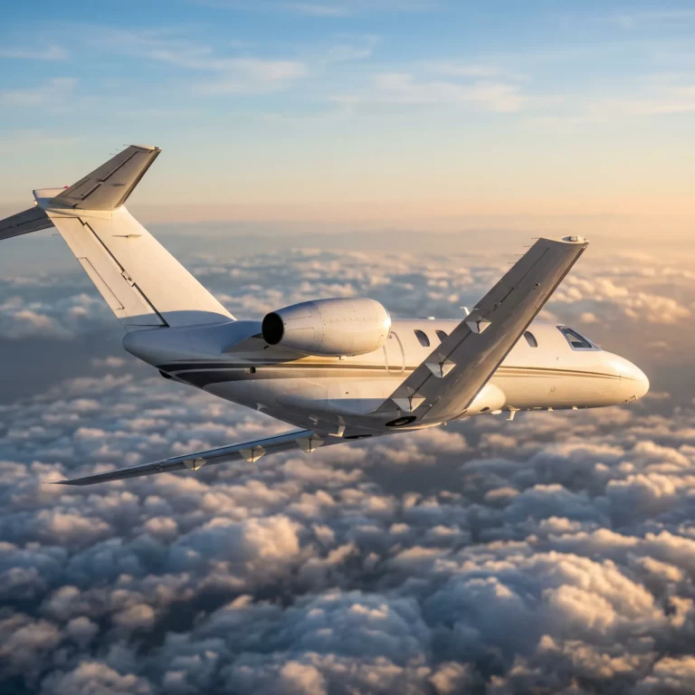 Cessna Citation CJ4 Gen3 light jet in cruise flight above clouds in golden afternoon light