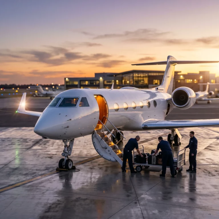 Private jet on FBO ramp at dusk with ground handling crew servicing the aircraft