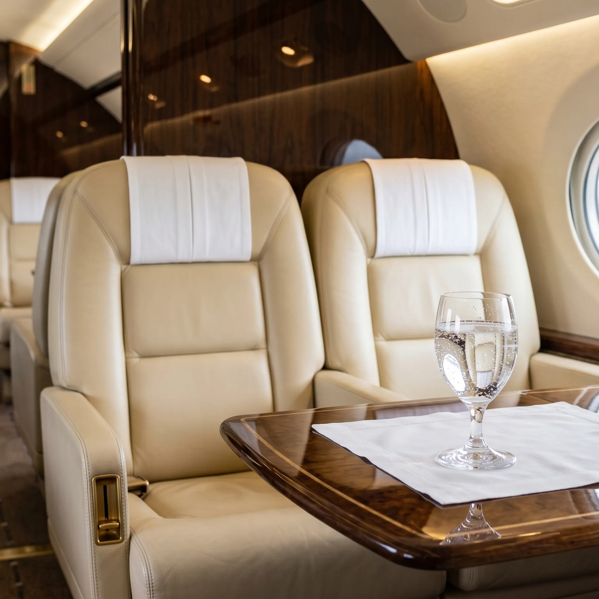 Pristine private jet cabin interior prepared to service level agreement standards before passenger boarding