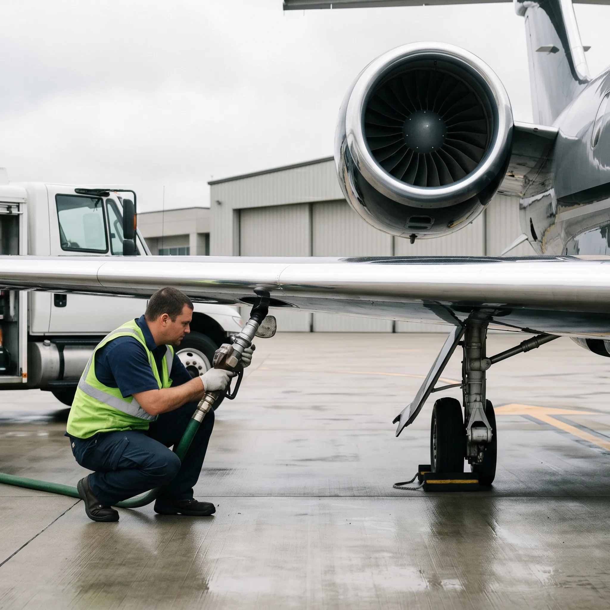 Ground crew fueling a private jet according to service level agreement timing and safety protocols