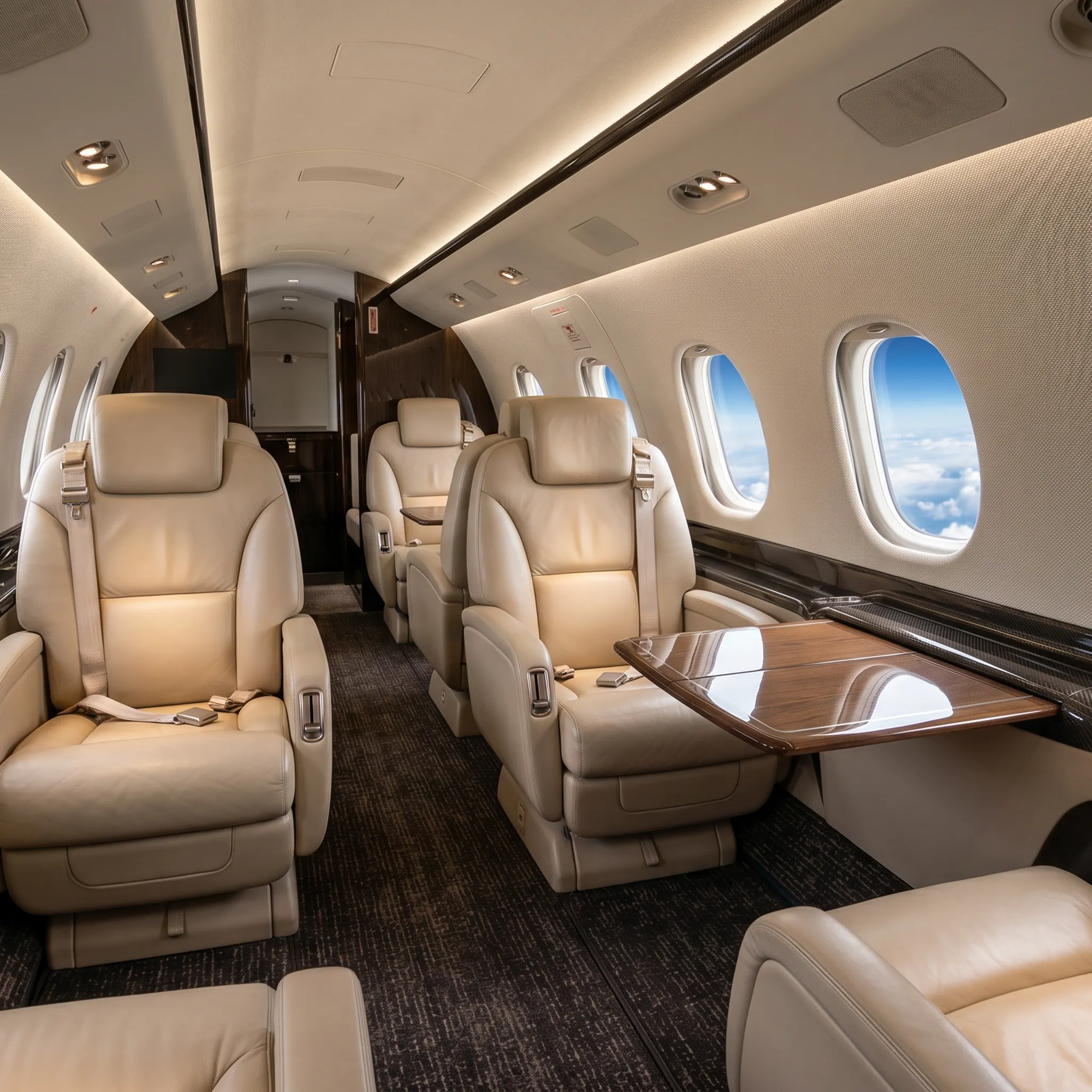 Empty private jet cabin interior in impeccable condition maintained by strict ground handling service standards