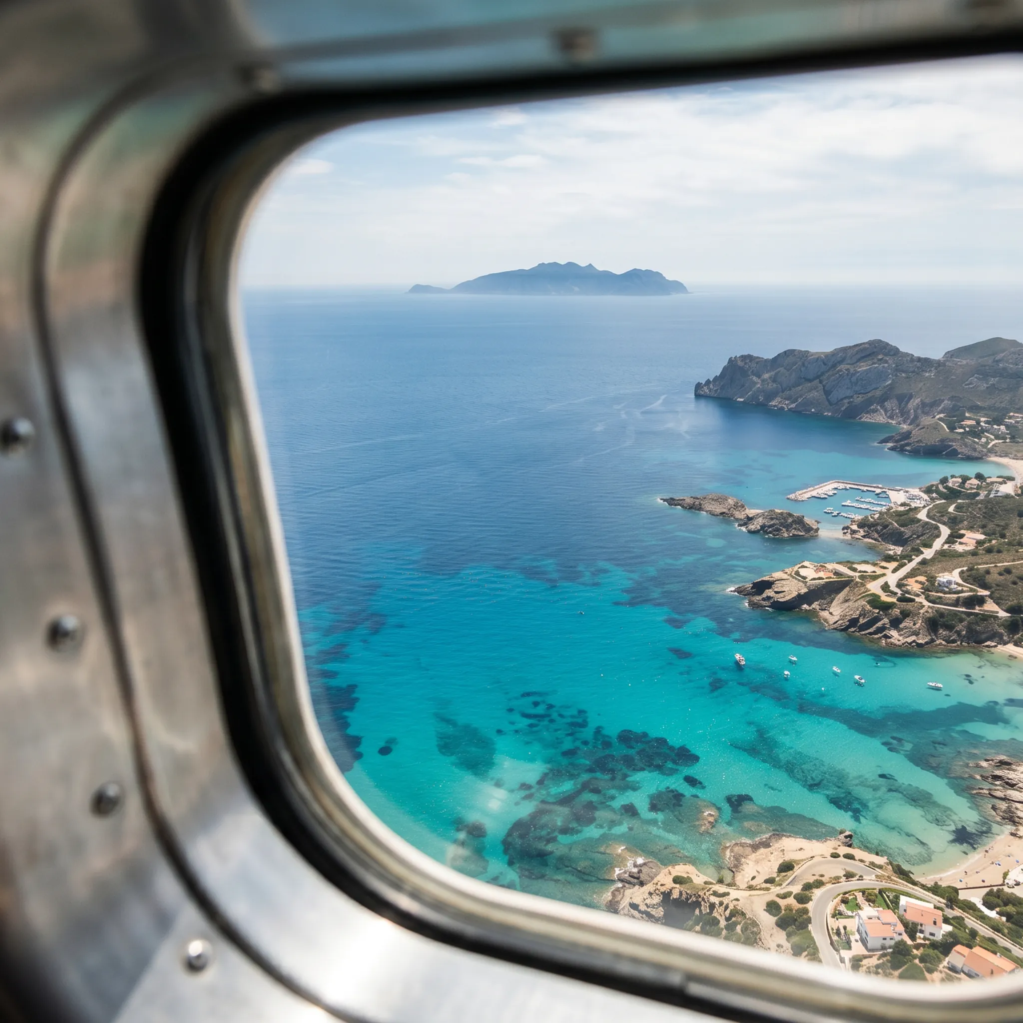 View from private jet window looking down at the turquoise Mediterranean Sea and coastal islands from altitude