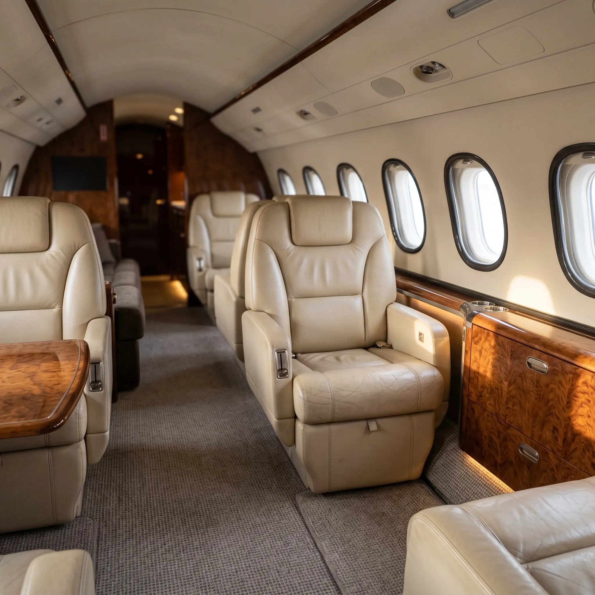Luxurious private jet cabin interior with cream leather seats, burl wood tables and warm ambient lighting