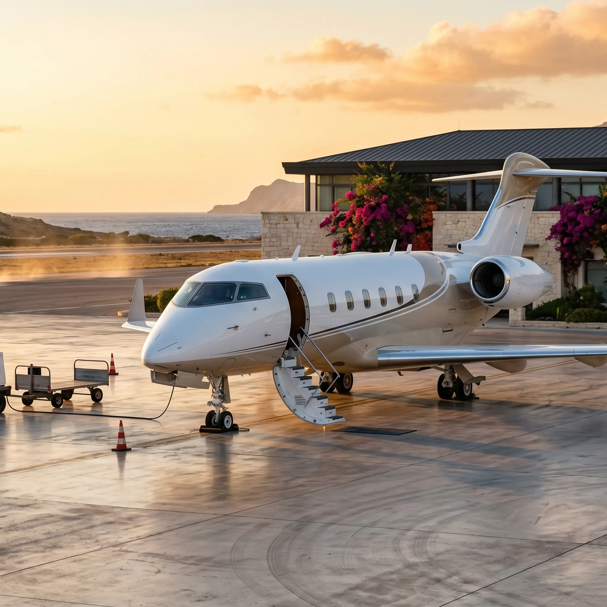 Private jet parked on an FBO apron at a Mediterranean island airport at golden hour with airstairs extended