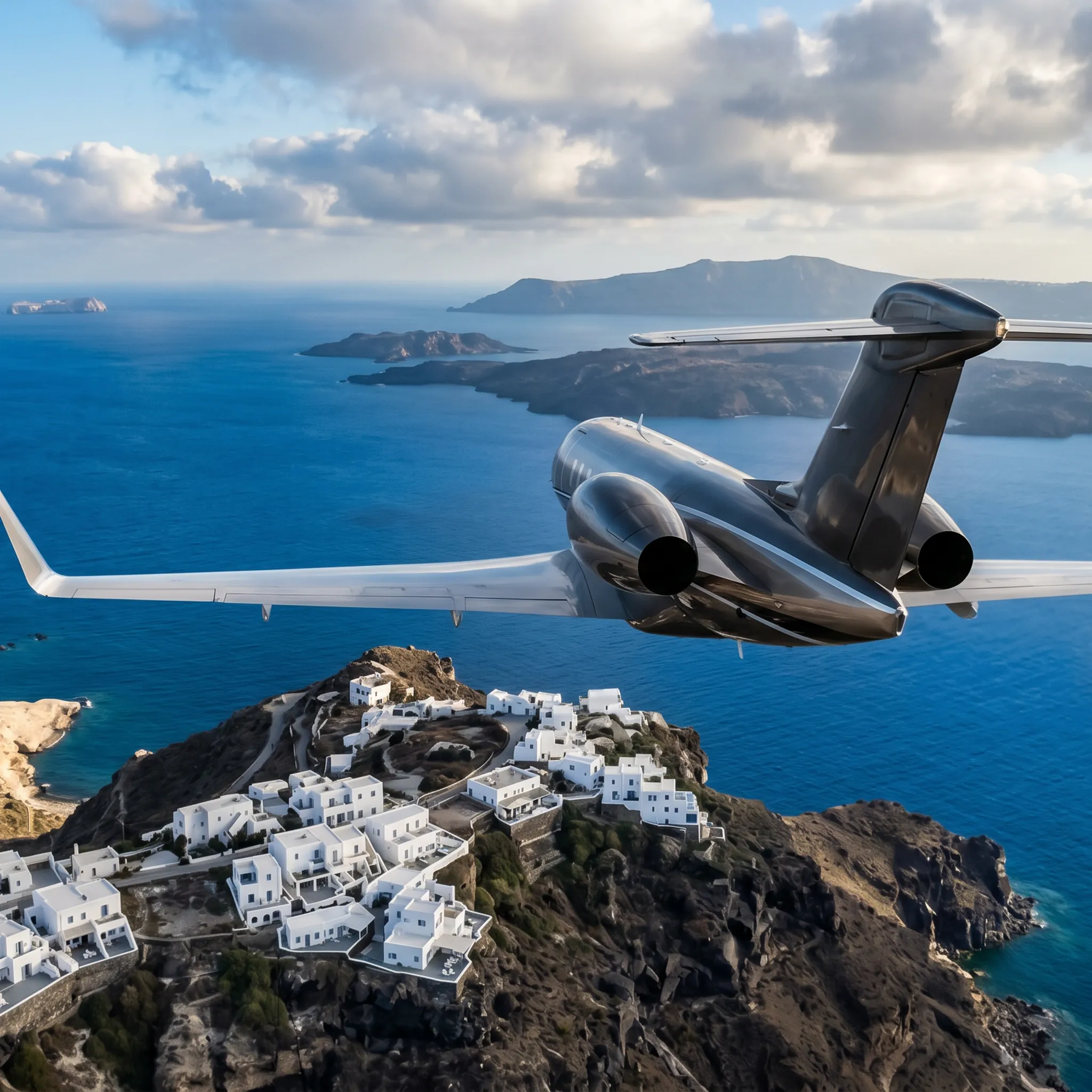 Midsize private jet flying low over Greek island chain with white-washed Aegean architecture and cliffs below
