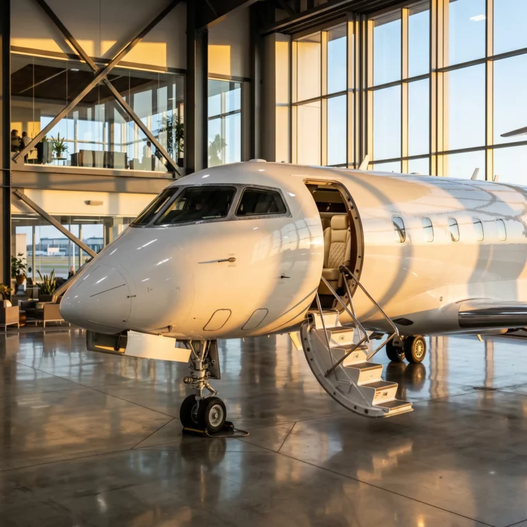 Mid-size private jet inside a modern FBO terminal with polished concrete floors and warm afternoon light