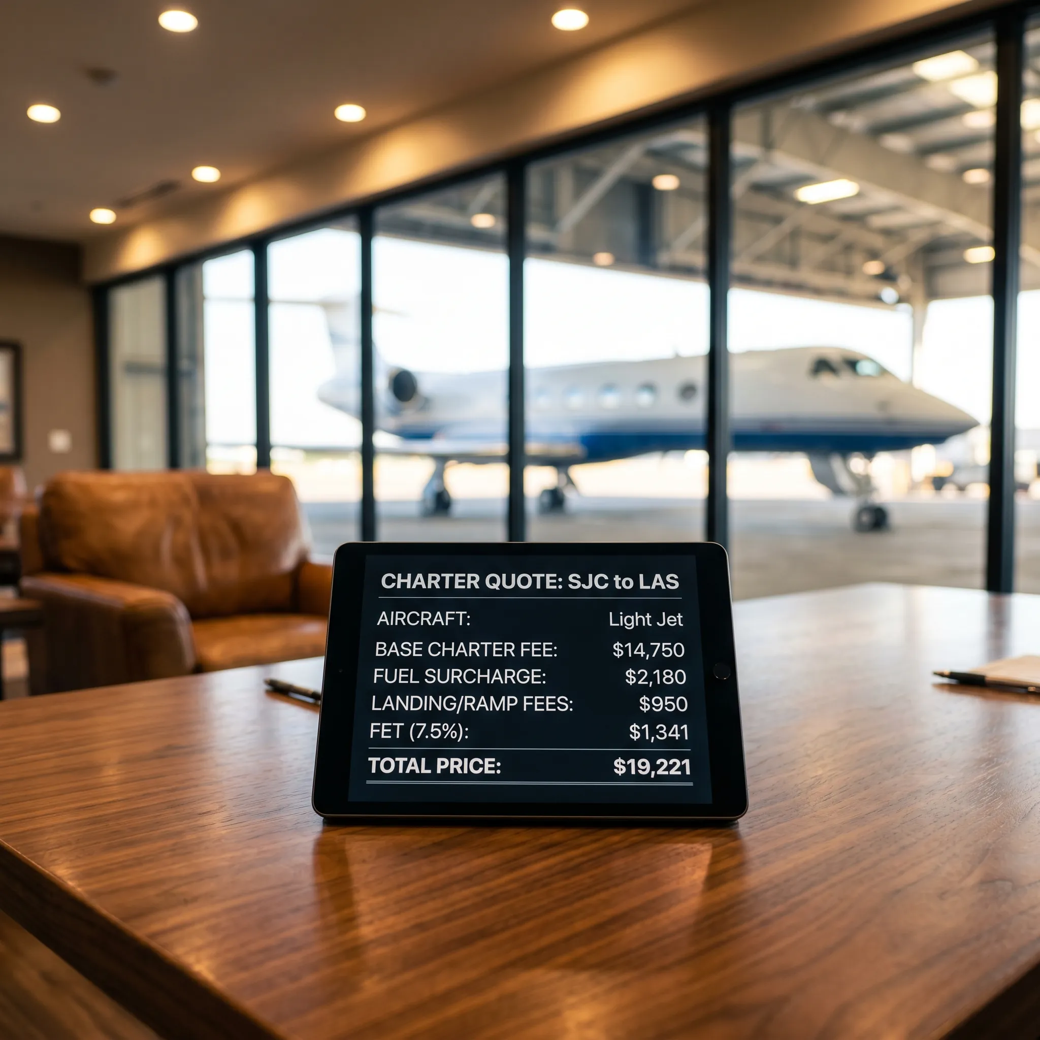 Digital tablet showing private jet charter pricing breakdown on a polished conference table inside a private aviation lounge