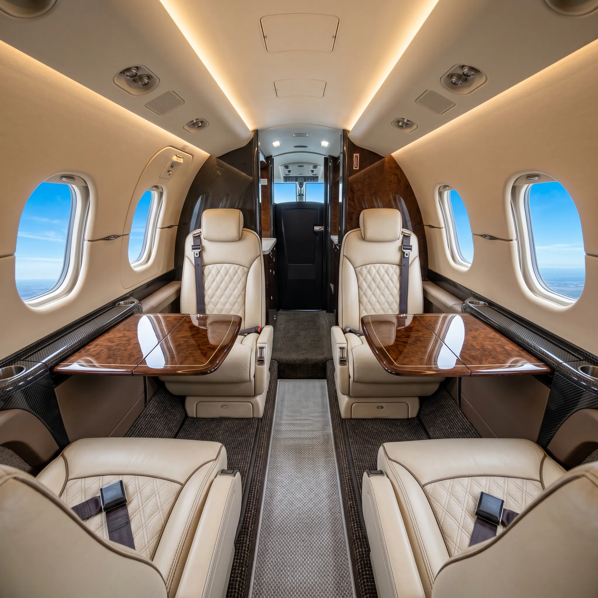 Light jet cabin interior with cream leather club seats, wood veneer tables, and blue sky visible through oval windows
