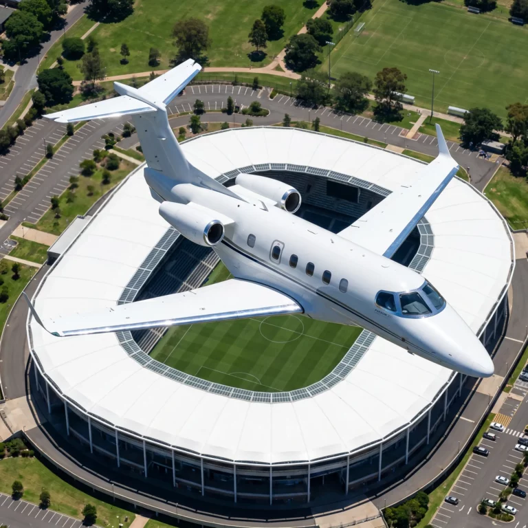 Embraer Phenom 300 private jet banking above a modern World Cup soccer stadium in clear daylight