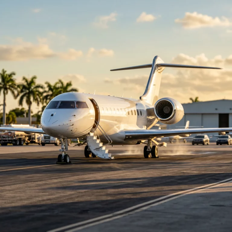 Large-cabin private jet parked at a South Florida FBO ramp during golden hour with palm trees in background