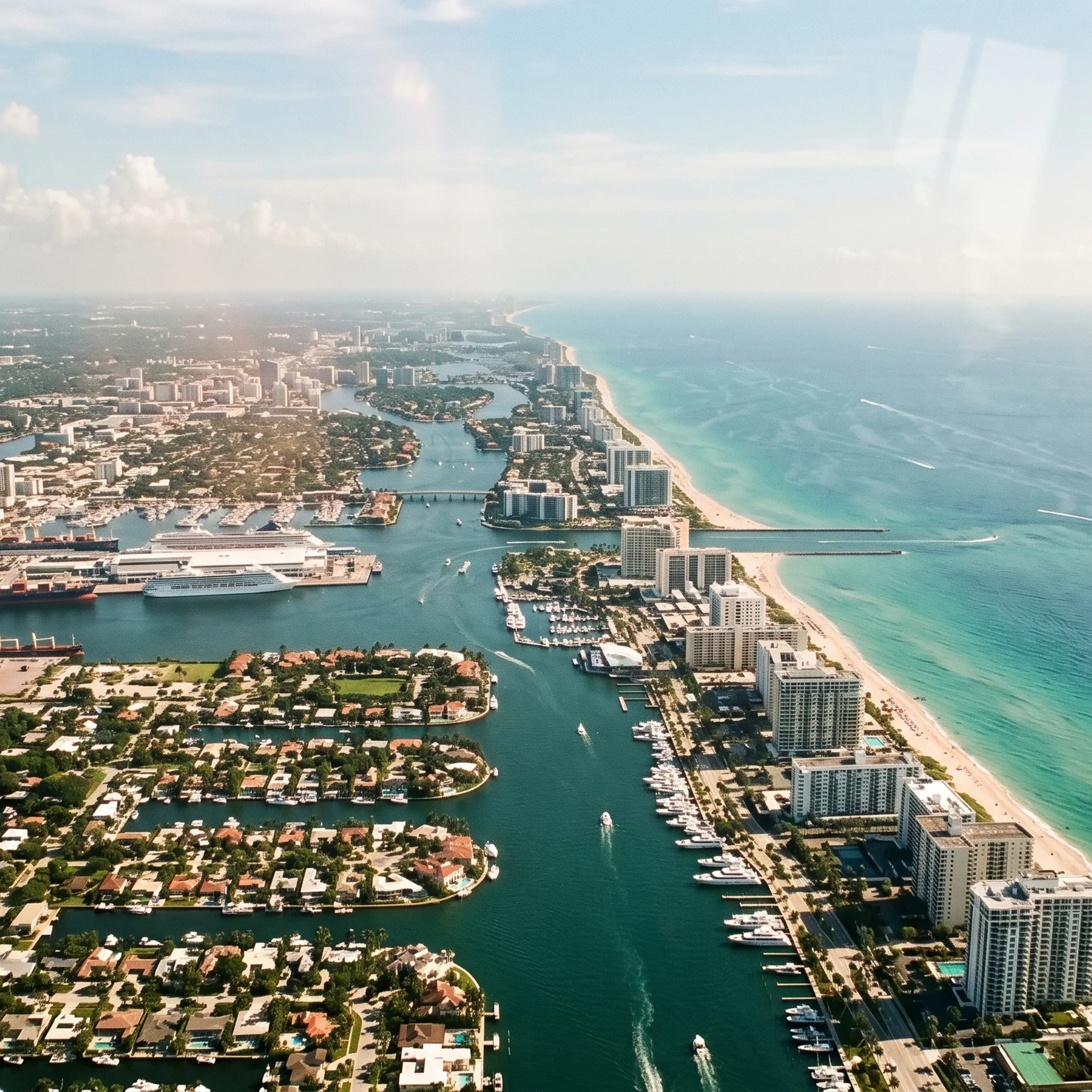 Aerial view of Fort Lauderdale coastline and Intracoastal Waterway from a private jet cabin window