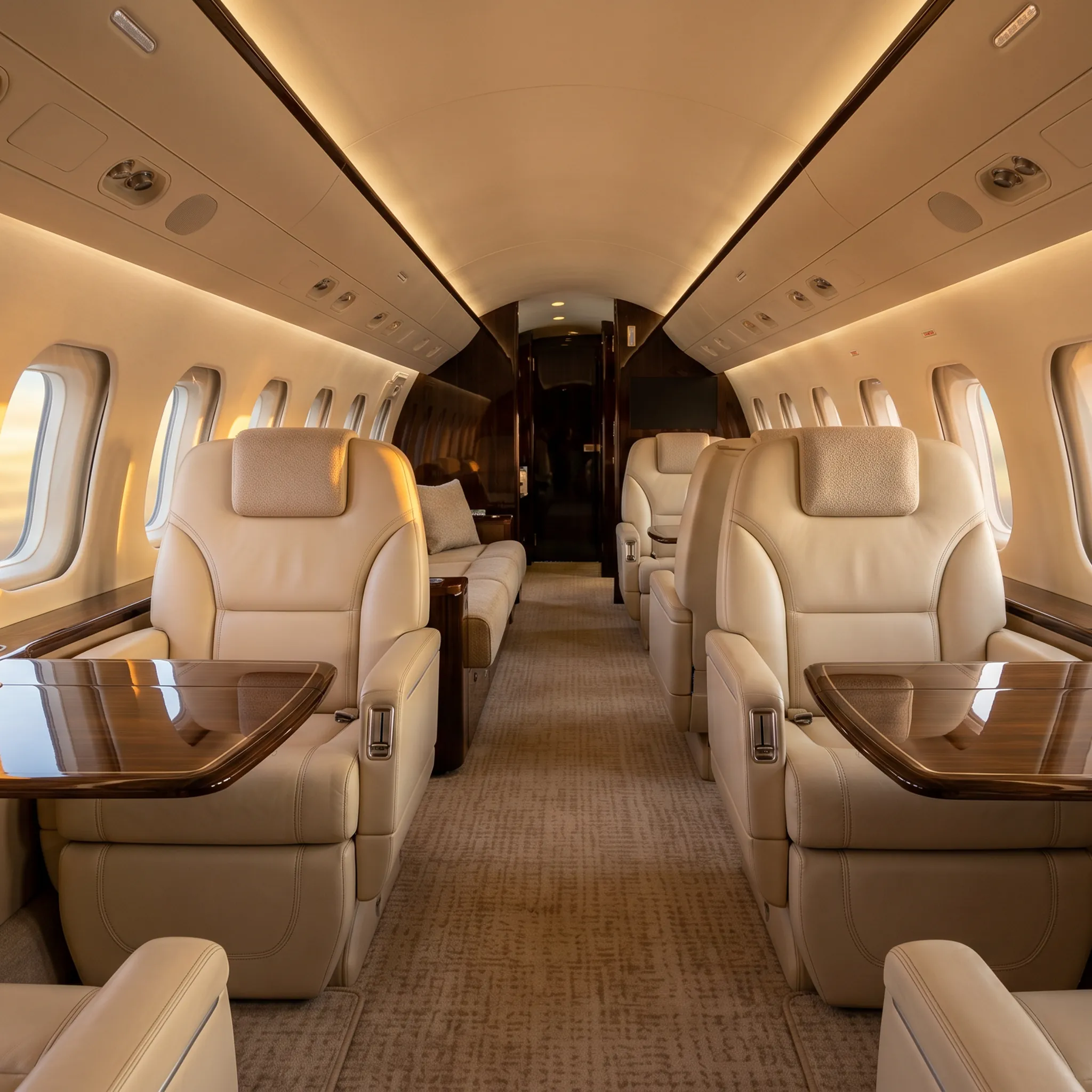 Luxurious private jet cabin interior with cream leather seating and warm ambient lighting