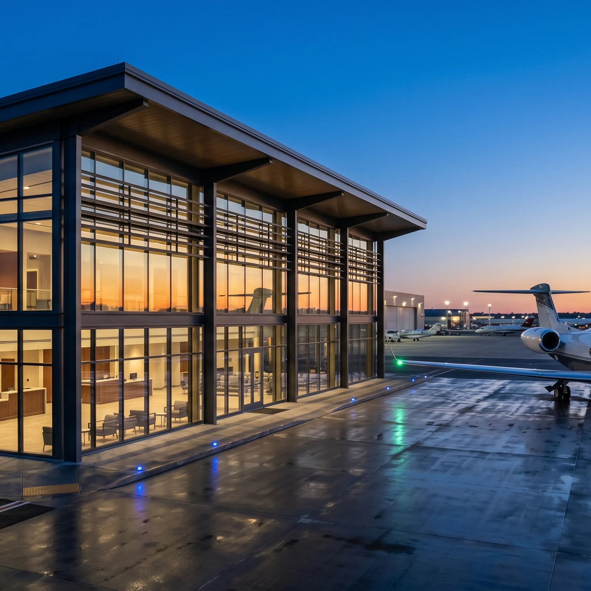Modern private aviation FBO terminal building at dusk with large-cabin jet visible on ramp