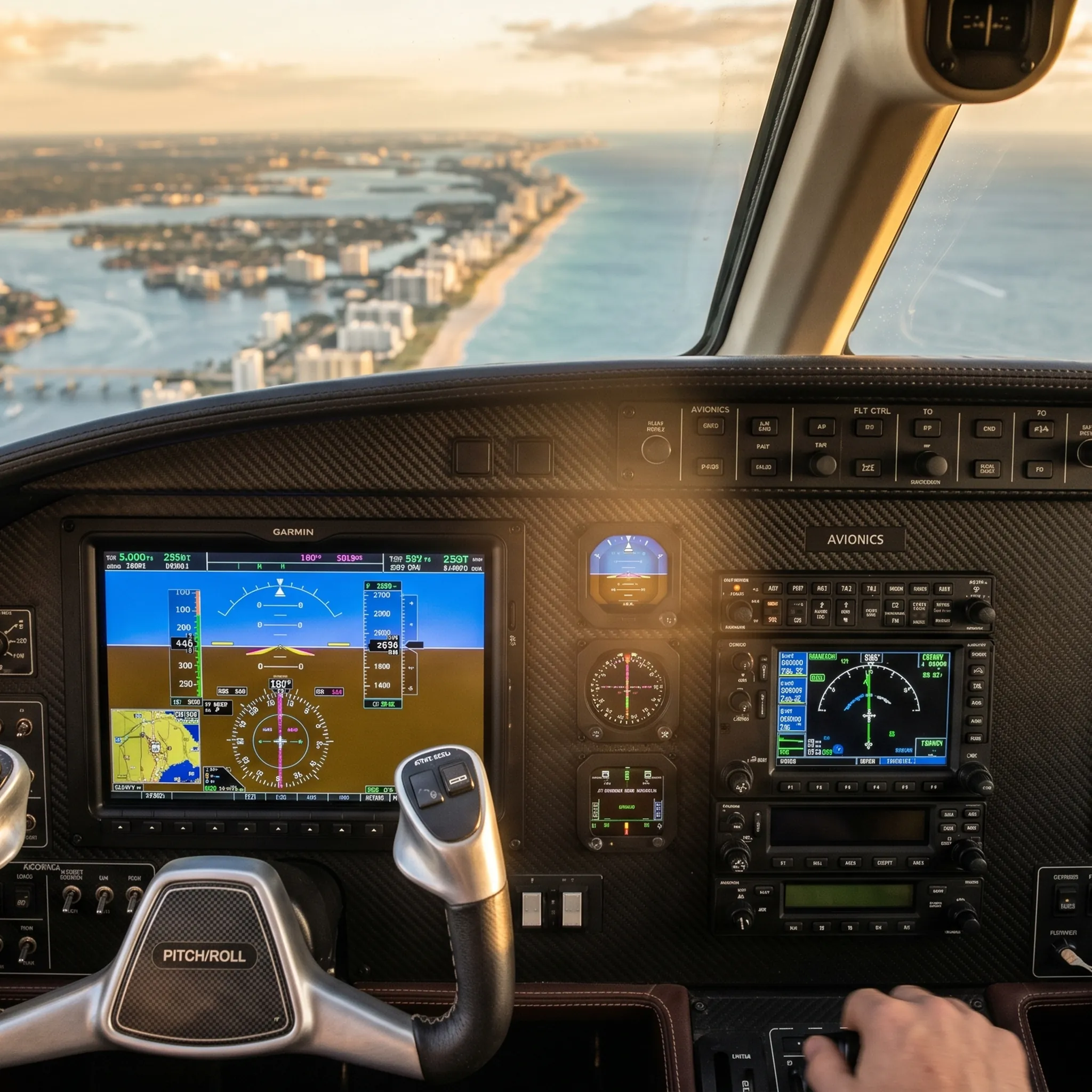 Modern private jet glass cockpit with dual flight displays and South Florida coastline visible through windscreen